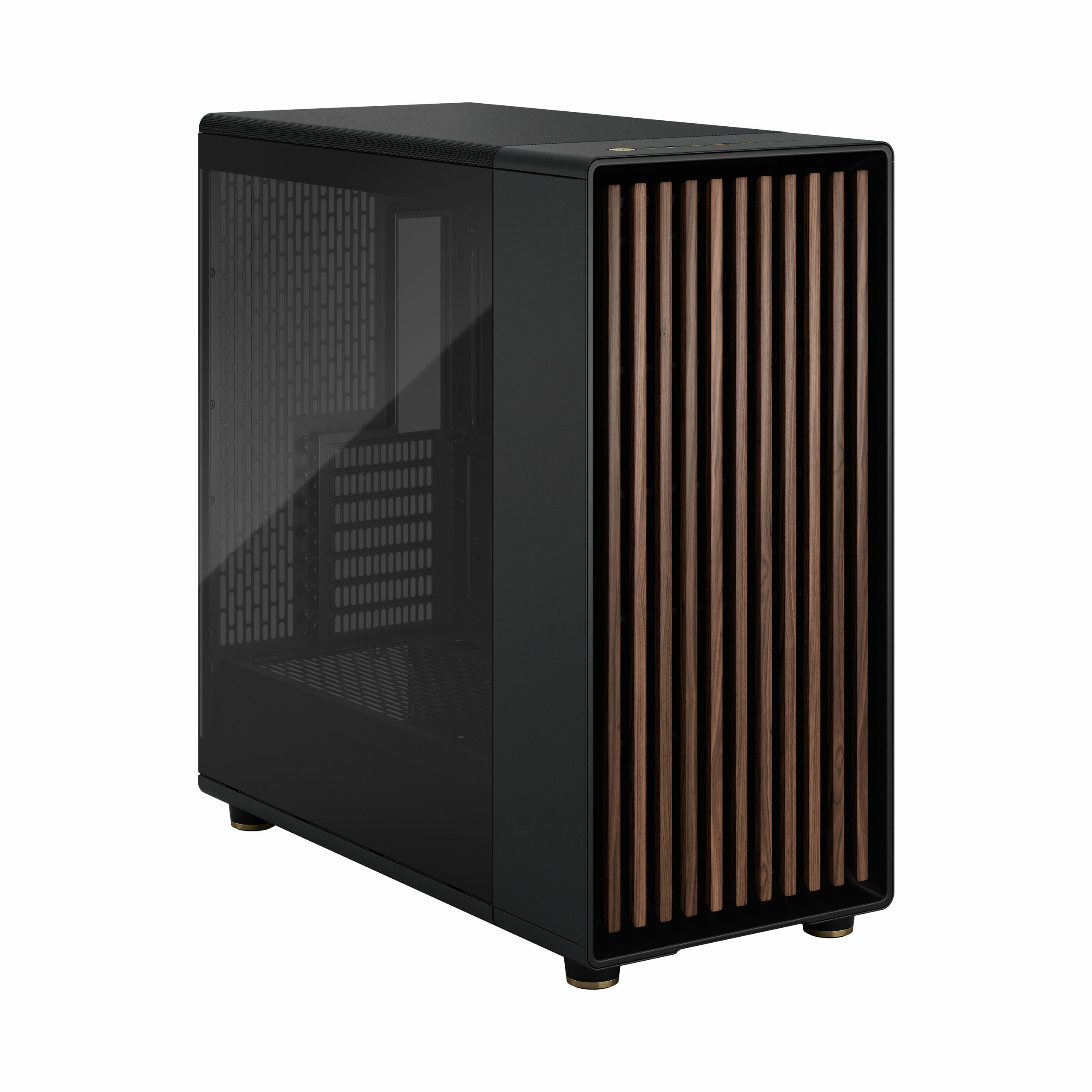 Black computer case with a glass side panel and wood-slat front panel.
