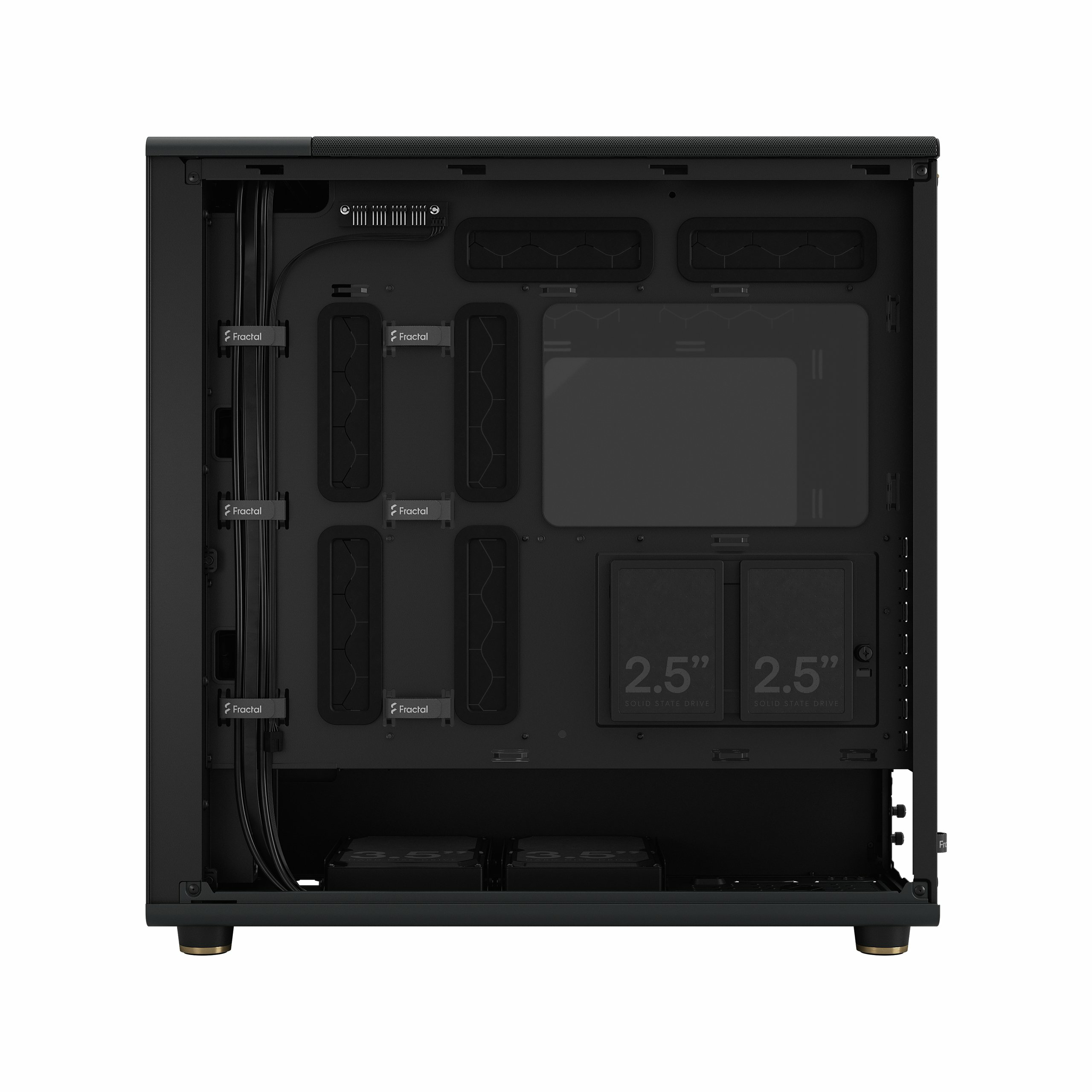Schwarzes PC-Gehäuse innen, Rückansicht. Zeigt Fächer für Komponenten, Kabel und Festplatten.