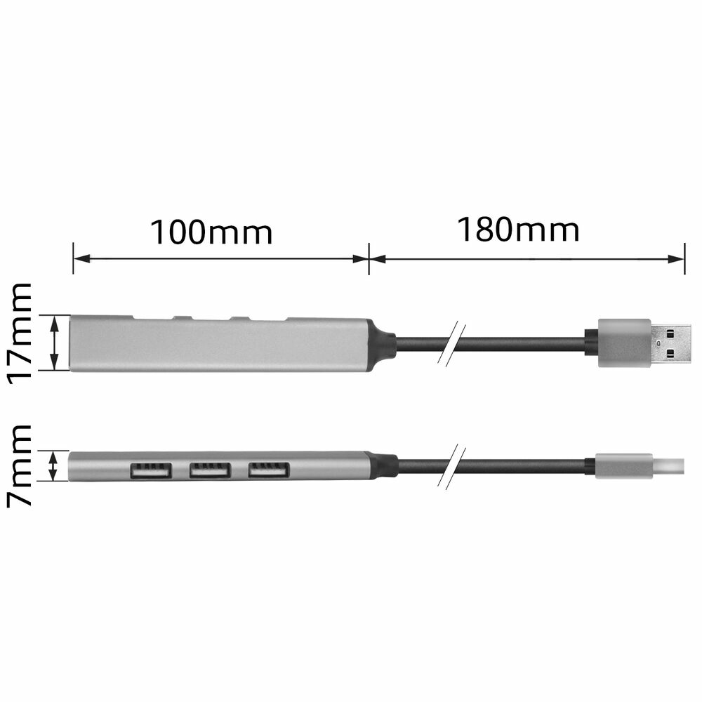 Silberner USB-Hub mit drei Anschlüssen, Abmessungen: 100 mm Länge, 7 mm Höhe, 180 mm mit Kabel.