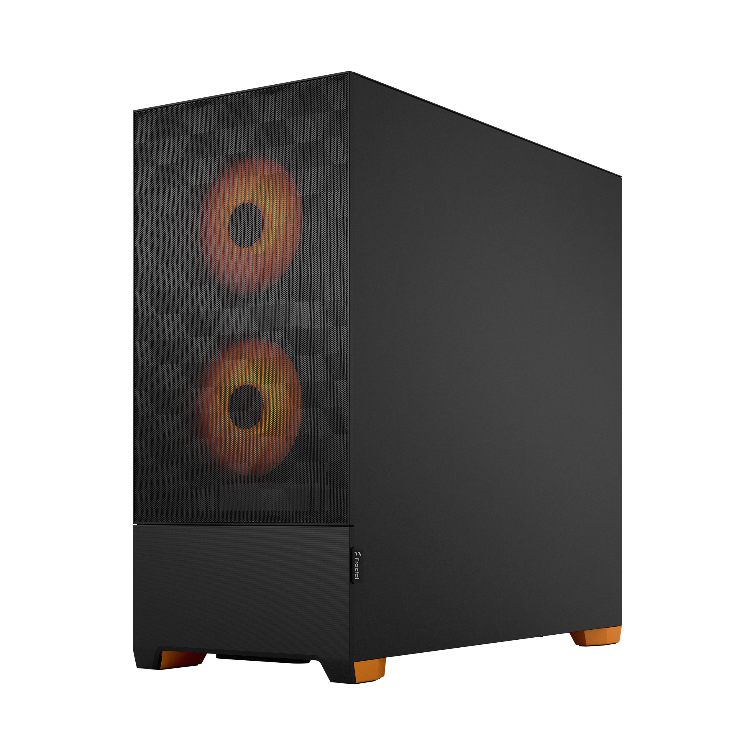 Case per computer nero con accenti arancioni sul fondo e ventole illuminate.