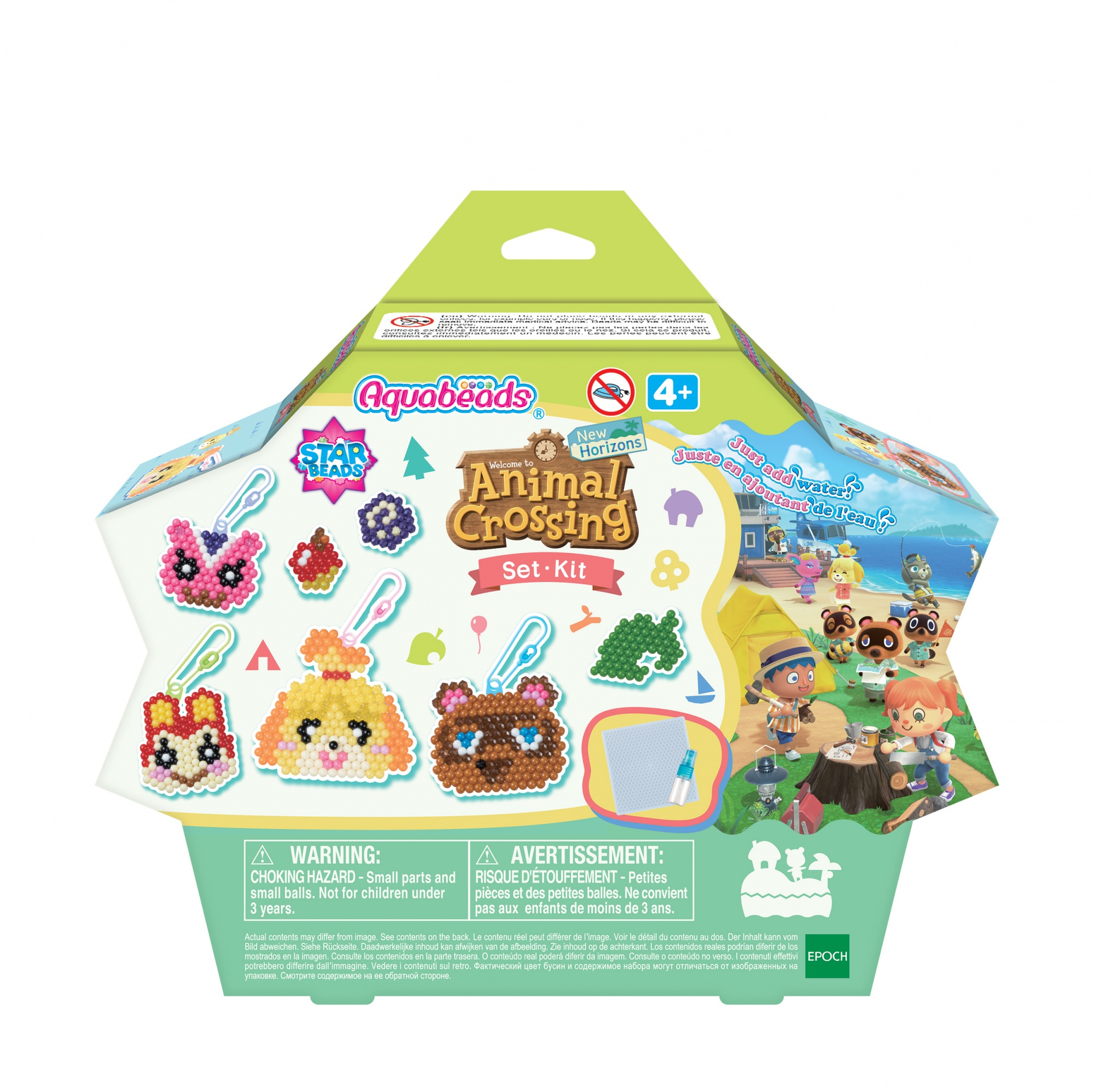 Set Aquabeads Animal Crossing. Include perline, portachiavi e bottiglia d'acqua. La confezione presenta personaggi del gioco.