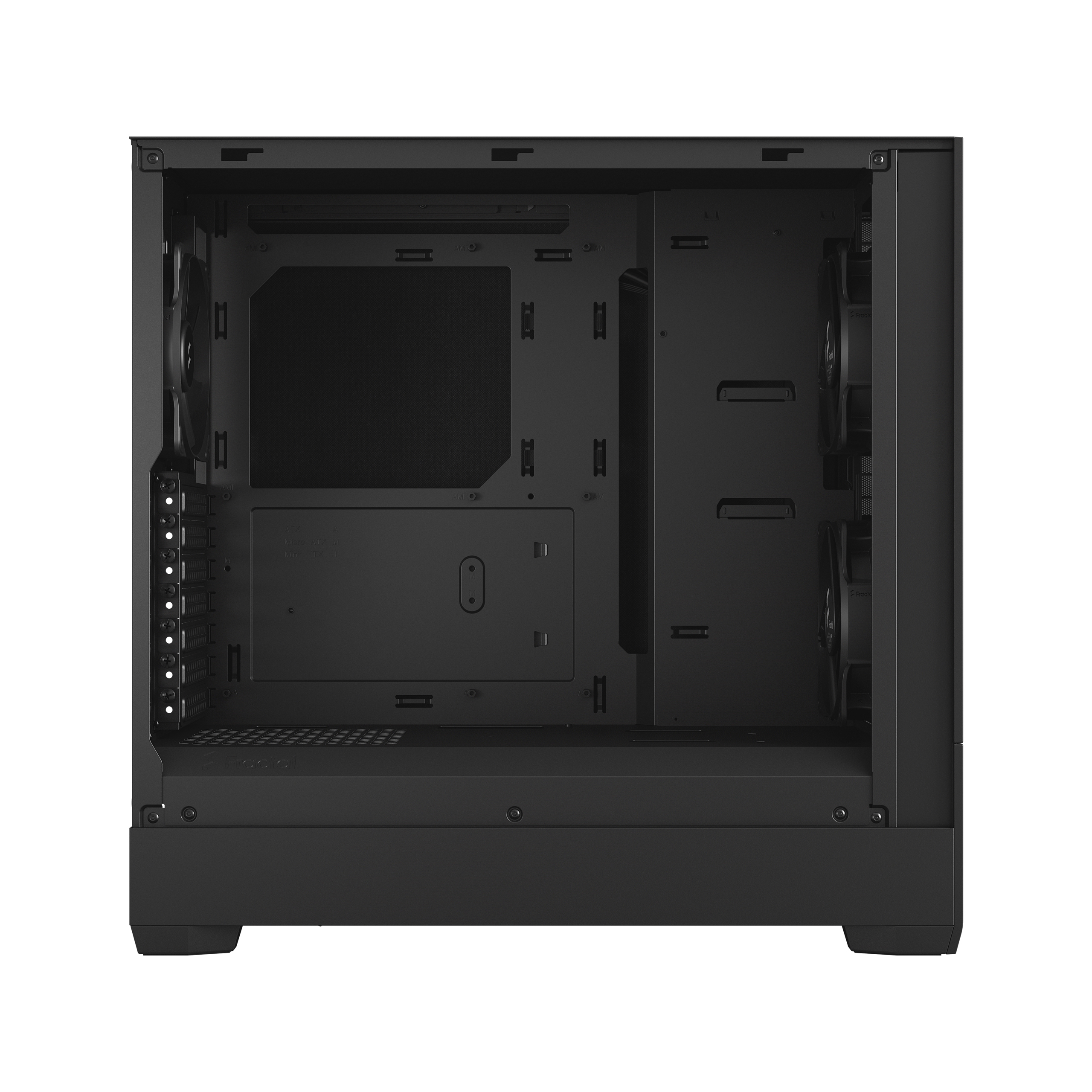 Schwarzes Computergehäuse-Innenteil mit sichtbaren Lüftern. Geräumiger Innenraum mit Montagebereichen.