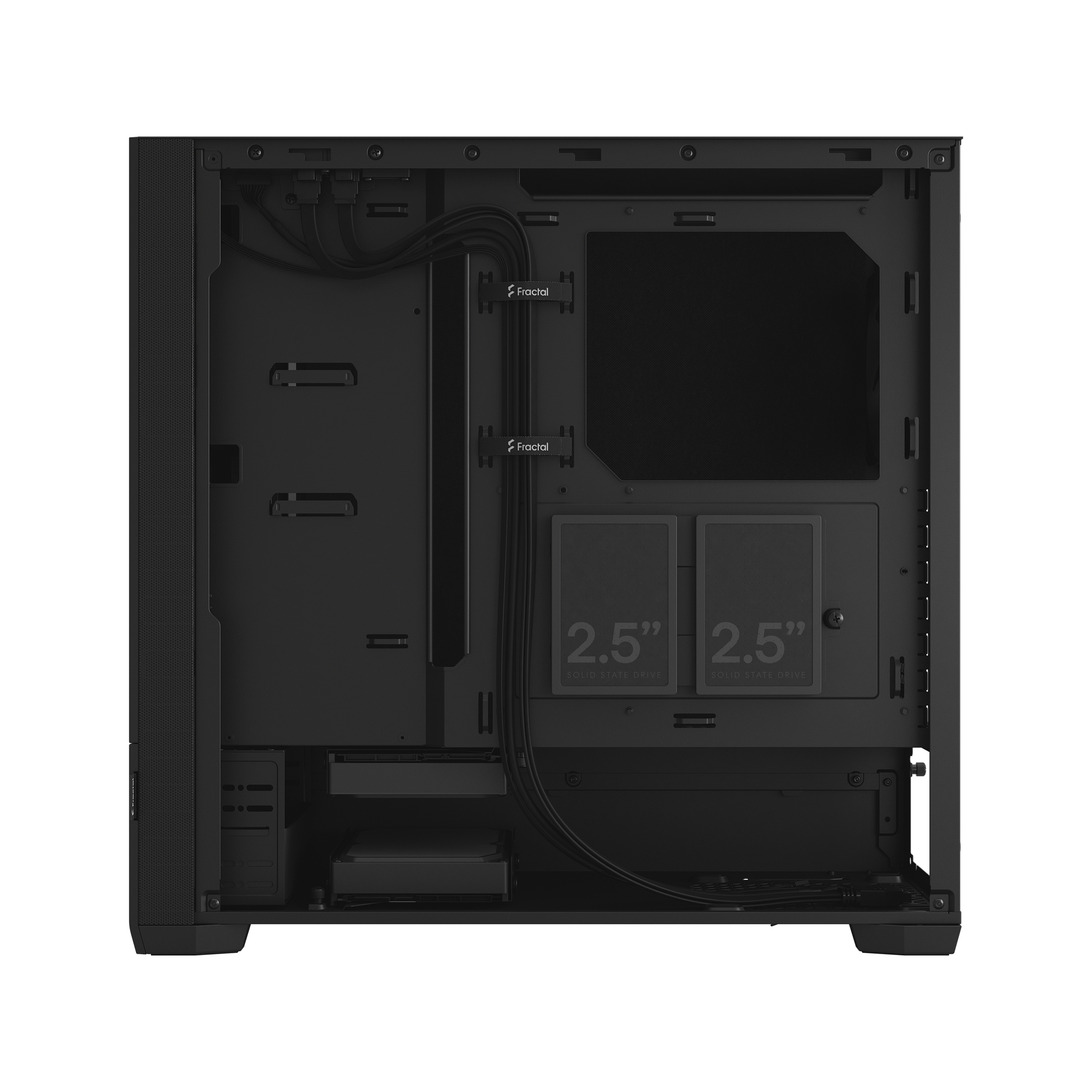 Innenansicht eines schwarzen Computergehäuses mit internen Komponenten und Kabelmanagement.