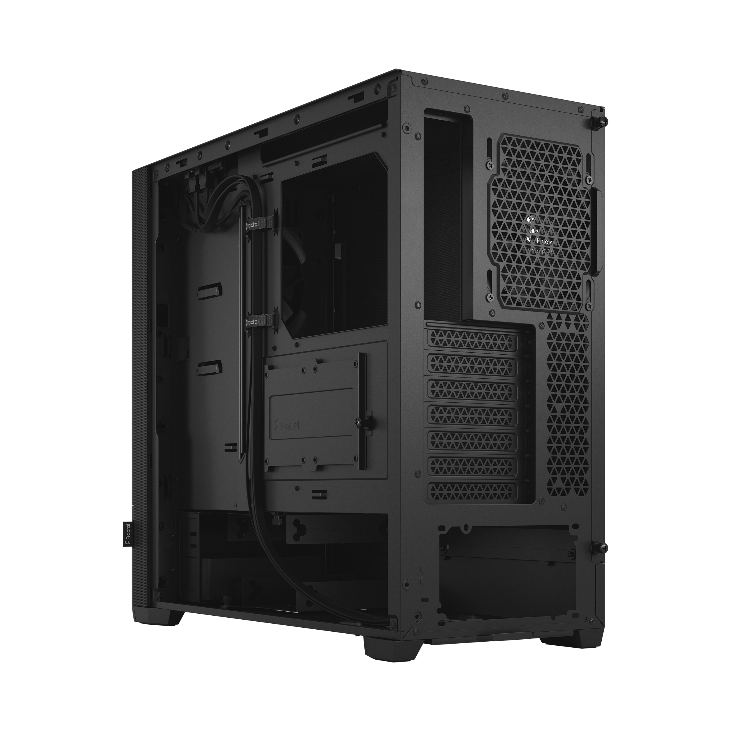 Schwarzes Computergehäuse, offene Seitenansicht, zeigt Innenstruktur und Verkabelung.
