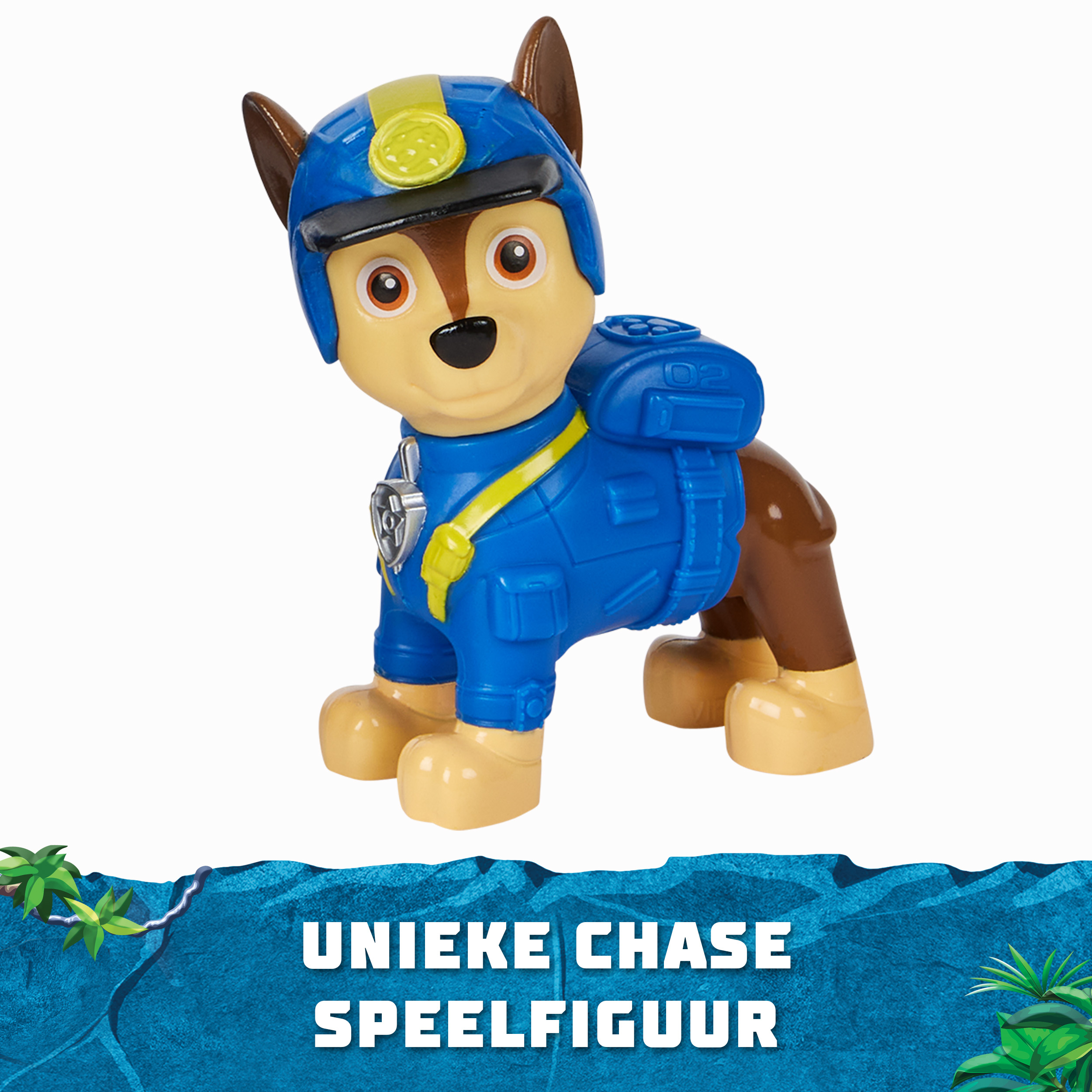 Chase-Spielfigur von Paw Patrol. Chase trägt blaue Uniform. Der Hintergrund ist eine blaue Oberfläche.