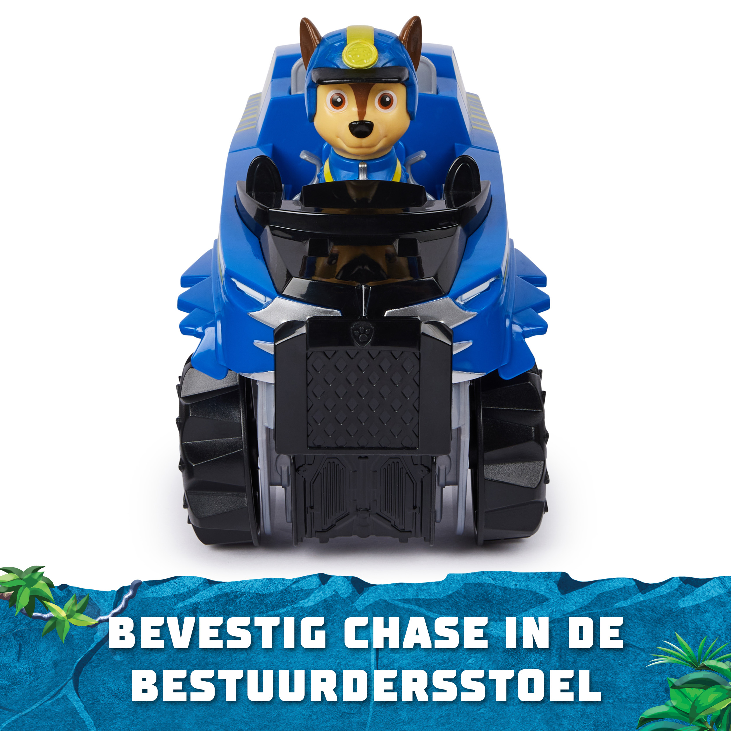 Chase-Spielzeugauto, blau und schwarz, mit Text unten.