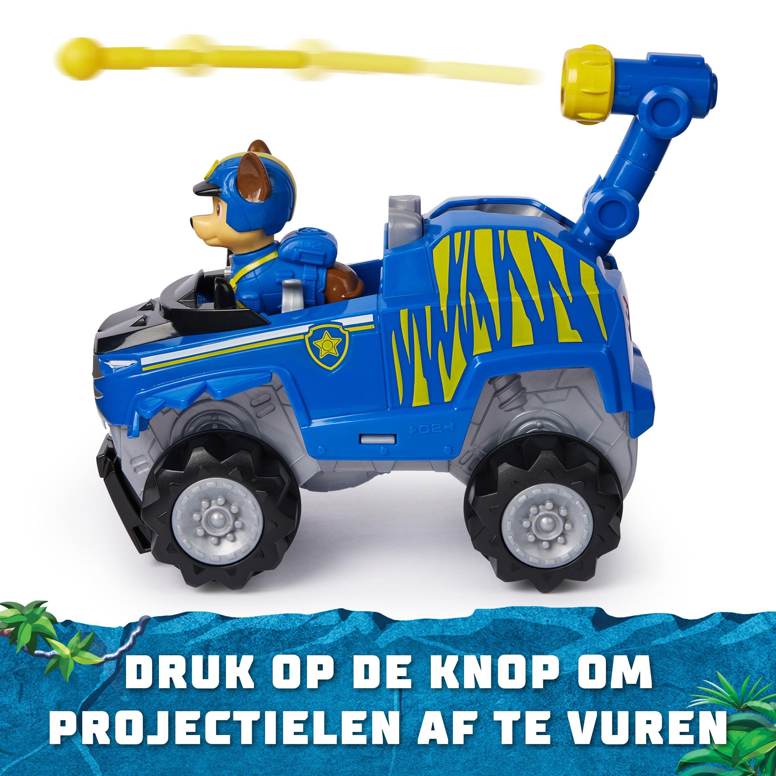 Blaues Spielzeugauto mit Hundefigur. Ein gelbes Projektil wird abgeschossen.