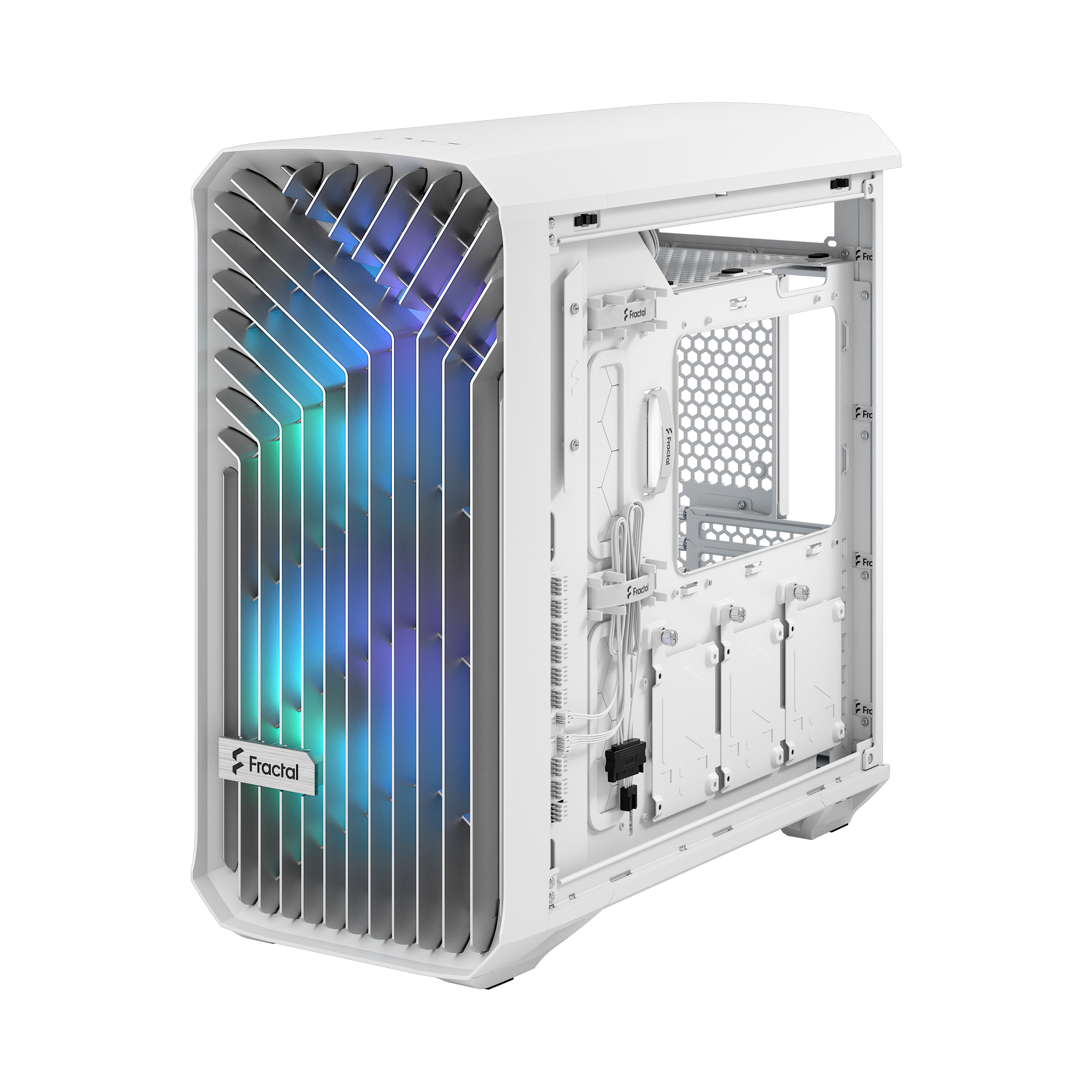 Case per computer bianco con logo Fractal. Pannello frontale con design e luci colorate all'interno.