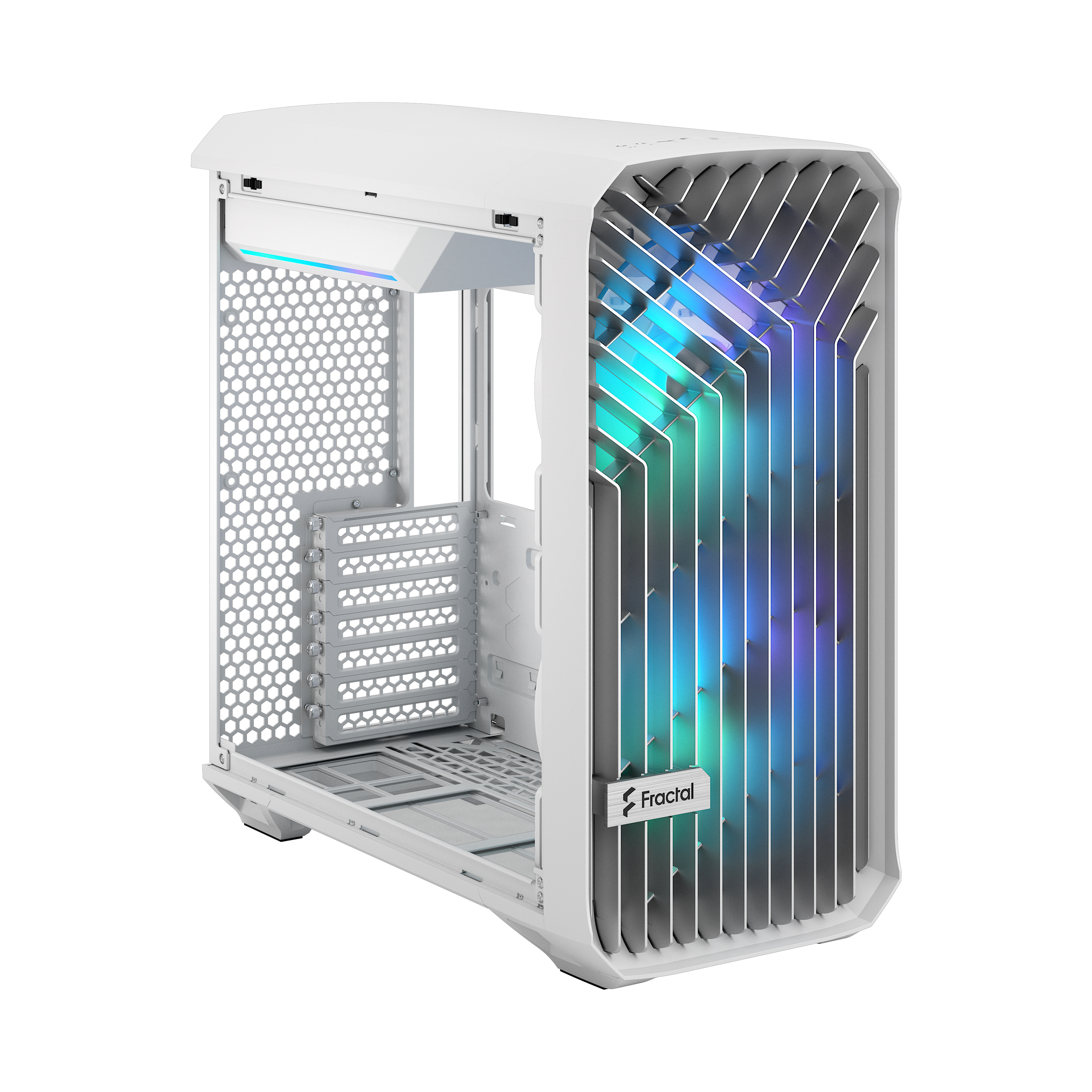 Case PC bianco, parte anteriore aperta. Luci colorate visibili attraverso il pannello frontale in rete.