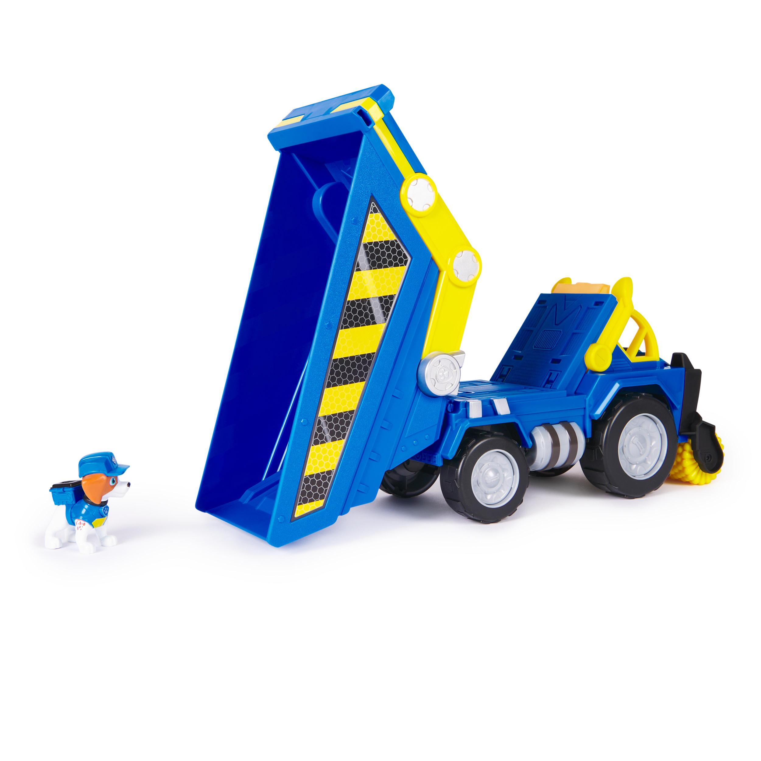 Ein blau-gelber Spielzeug-LKW mit einer Welpenfigur. Die Ladefläche des LKW ist angehoben.
