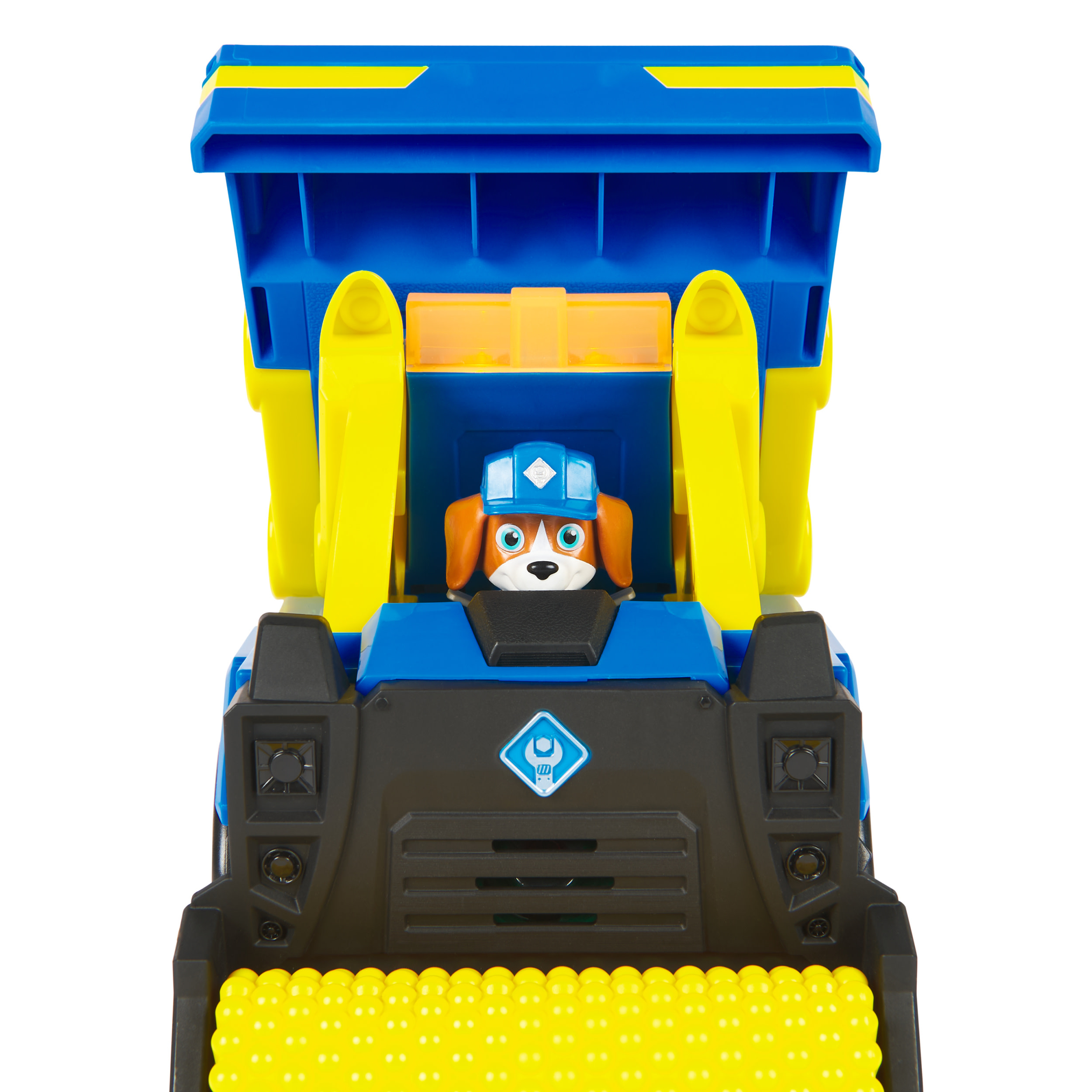 Ein blau-gelber Spielzeug-LKW mit einer Hunde-Figur auf dem Fahrersitz.