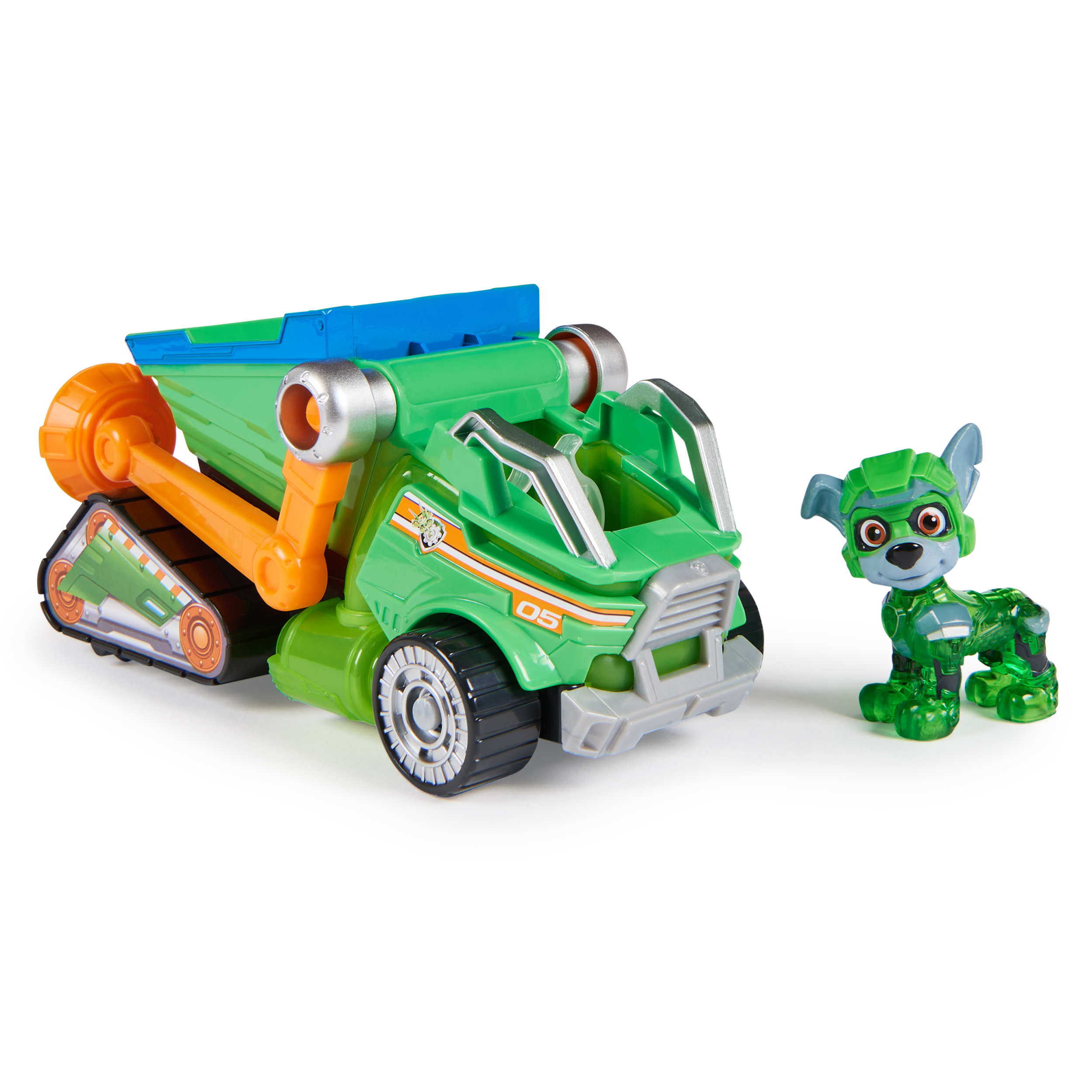 Grüner Spielzeug-LKW mit orangenen Akzenten und ein grüner Spielzeughund mit Rüstung.