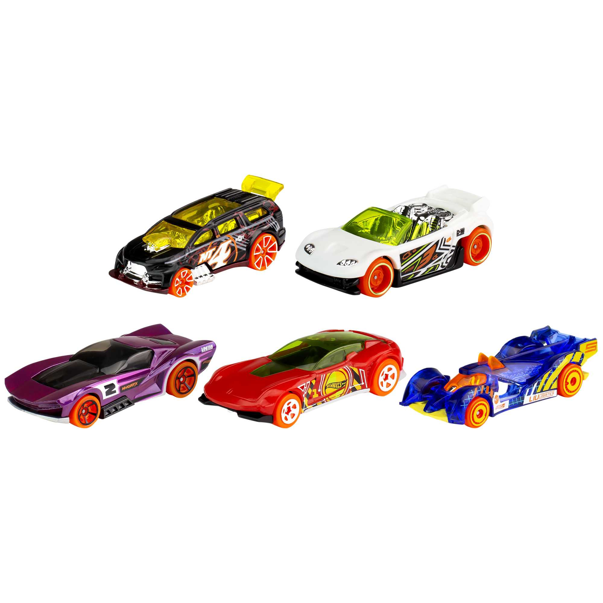 Cinco coches de juguete de distintos colores sobre fondo blanco. Modelos Hot Wheels.