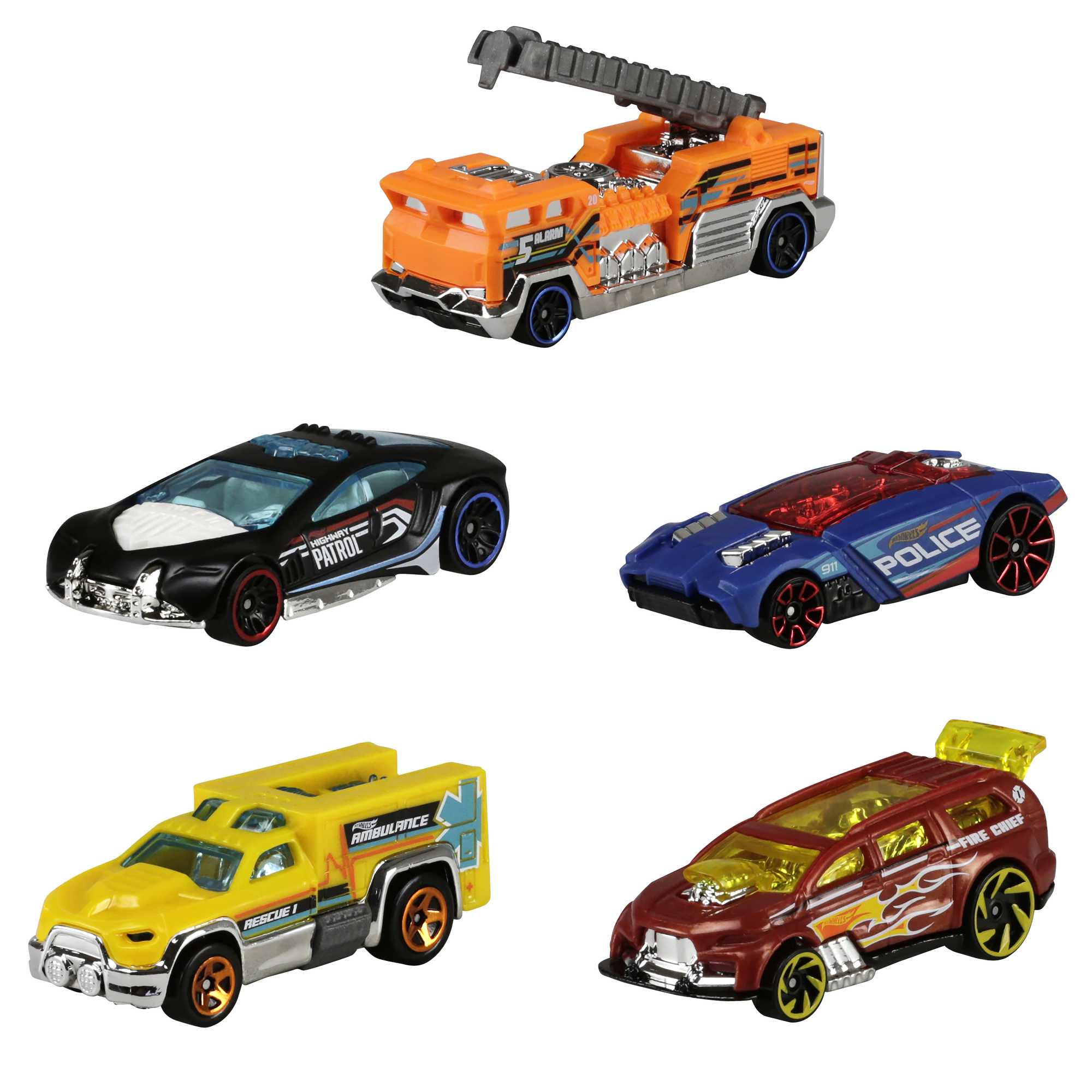 Cinco coches de juguete Hot Wheels. Camión de bomberos, coche deportivo negro, coche de policía azul, ambulancia amarilla y coche de bomberos rojo.