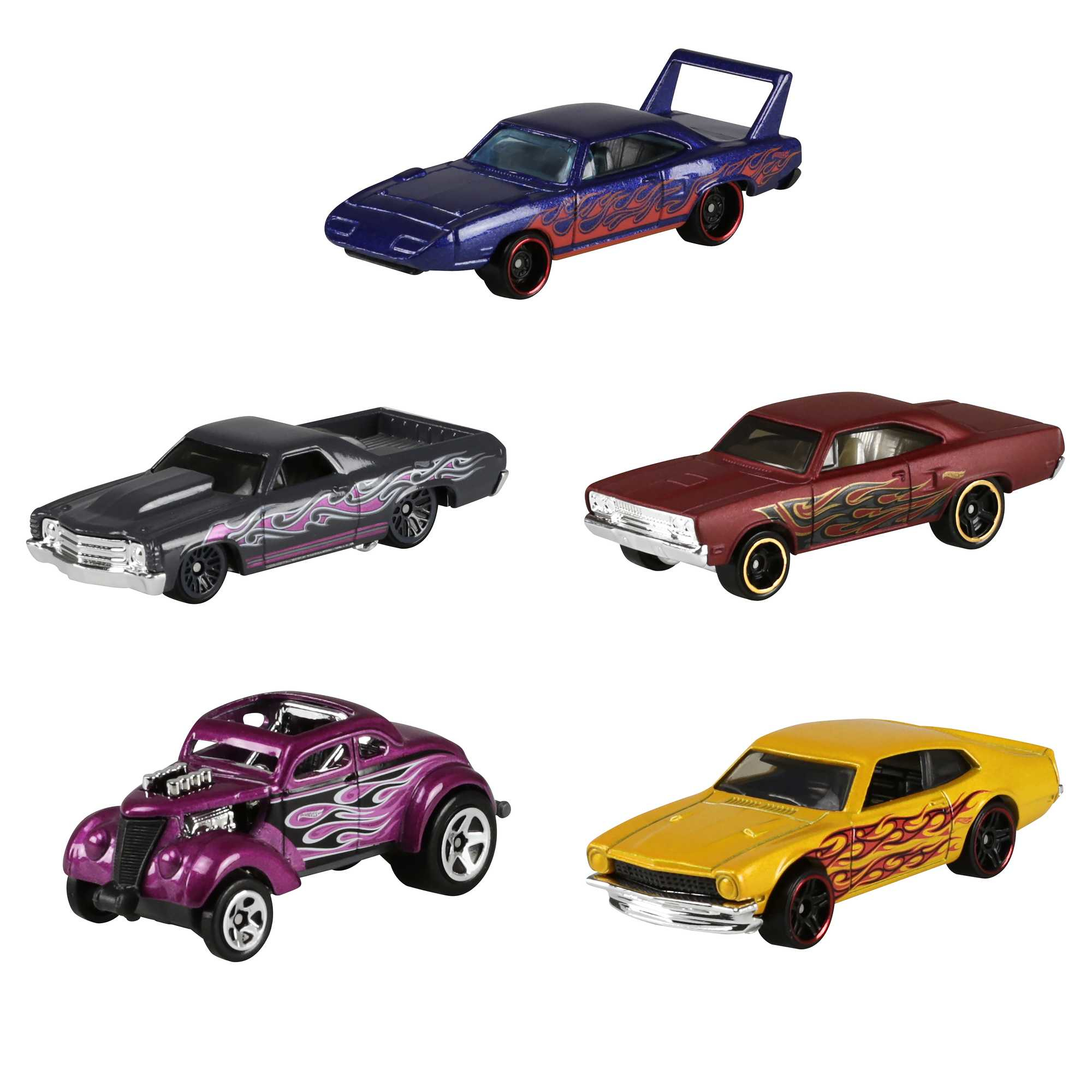 Cinco coches de juguete con diseños de llamas sobre fondo blanco.