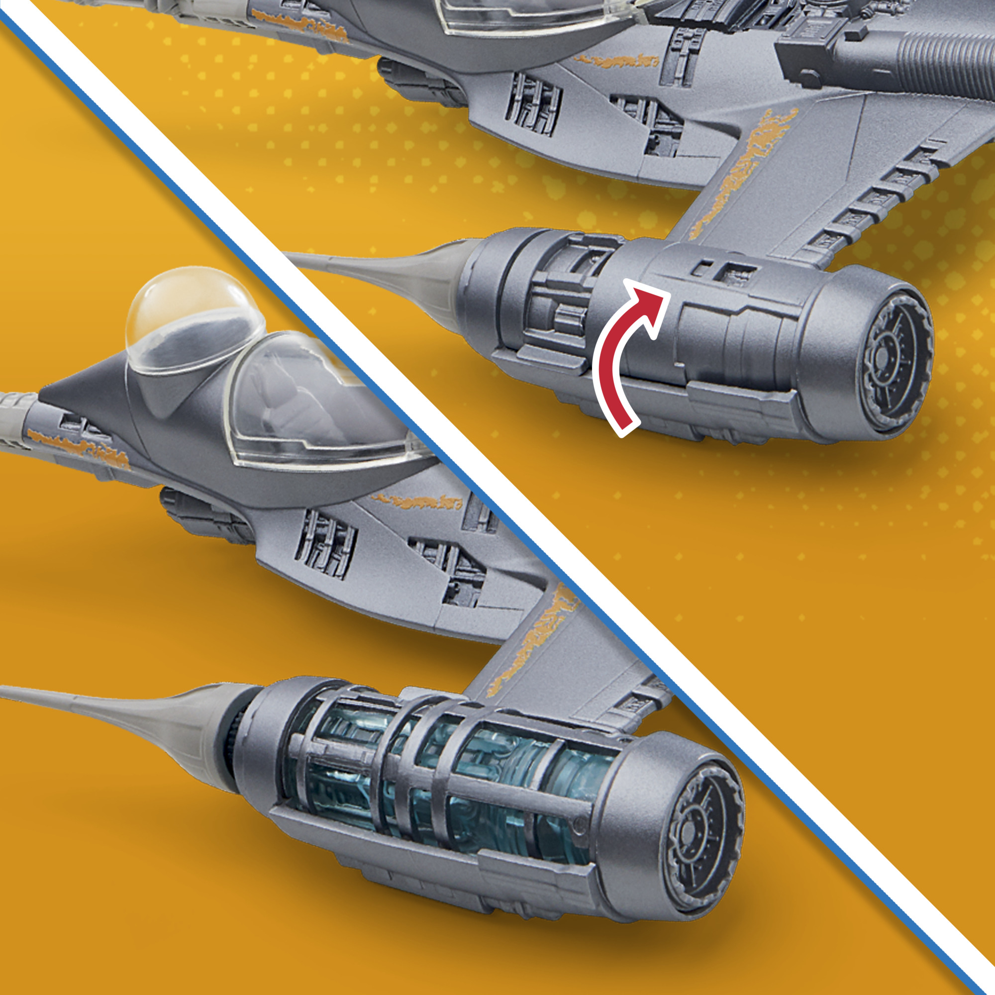 Zabawkowa przestrzeń kosmiczna. Góra pokazuje statek. Dół pokazuje statek z otwartym wnętrzem z niebieskimi światłami.