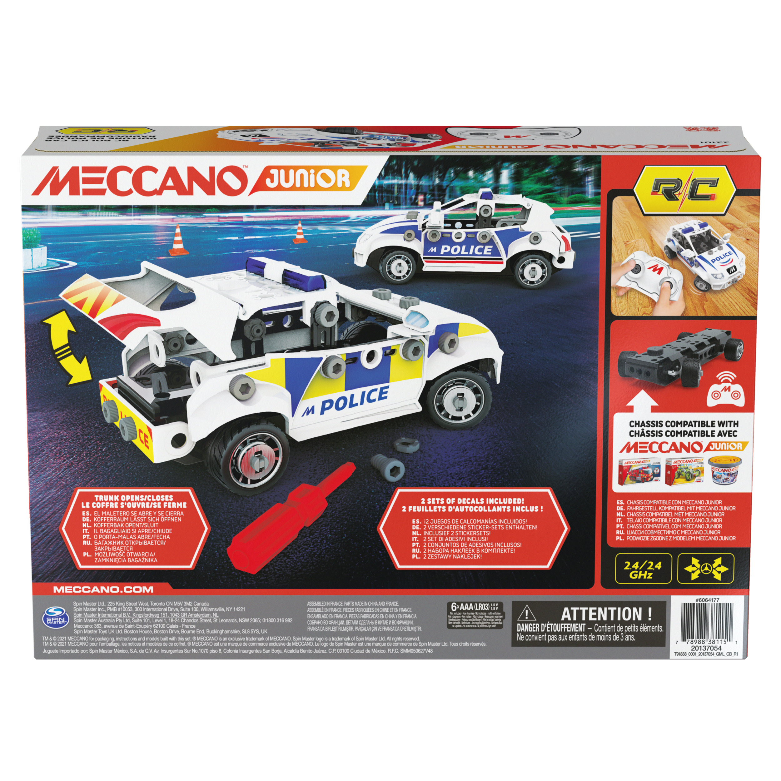 Pudełko zabawki Meccano Junior Police Car, ze zdjęciami i tekstem.