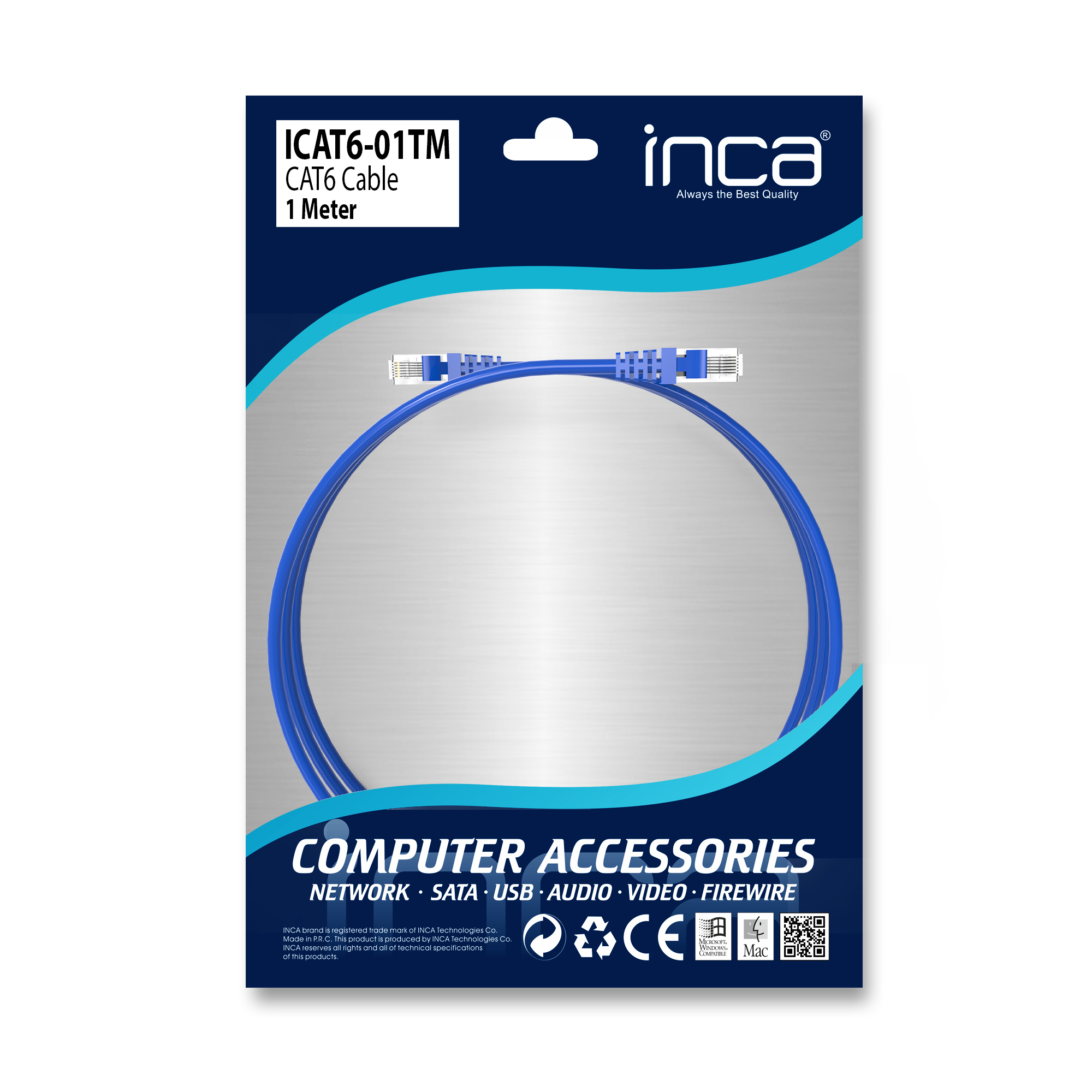 Niebieski kabel sieciowy CAT6 w opakowaniu. Tekst mówi 'Akcesoria komputerowe' i '1 metr'.