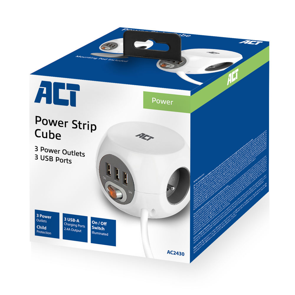 Weiße und blaue Box einer Steckdosenleiste. Text: "Power Strip Cube". Sie hat Steckdosen und USB-Anschlüsse.