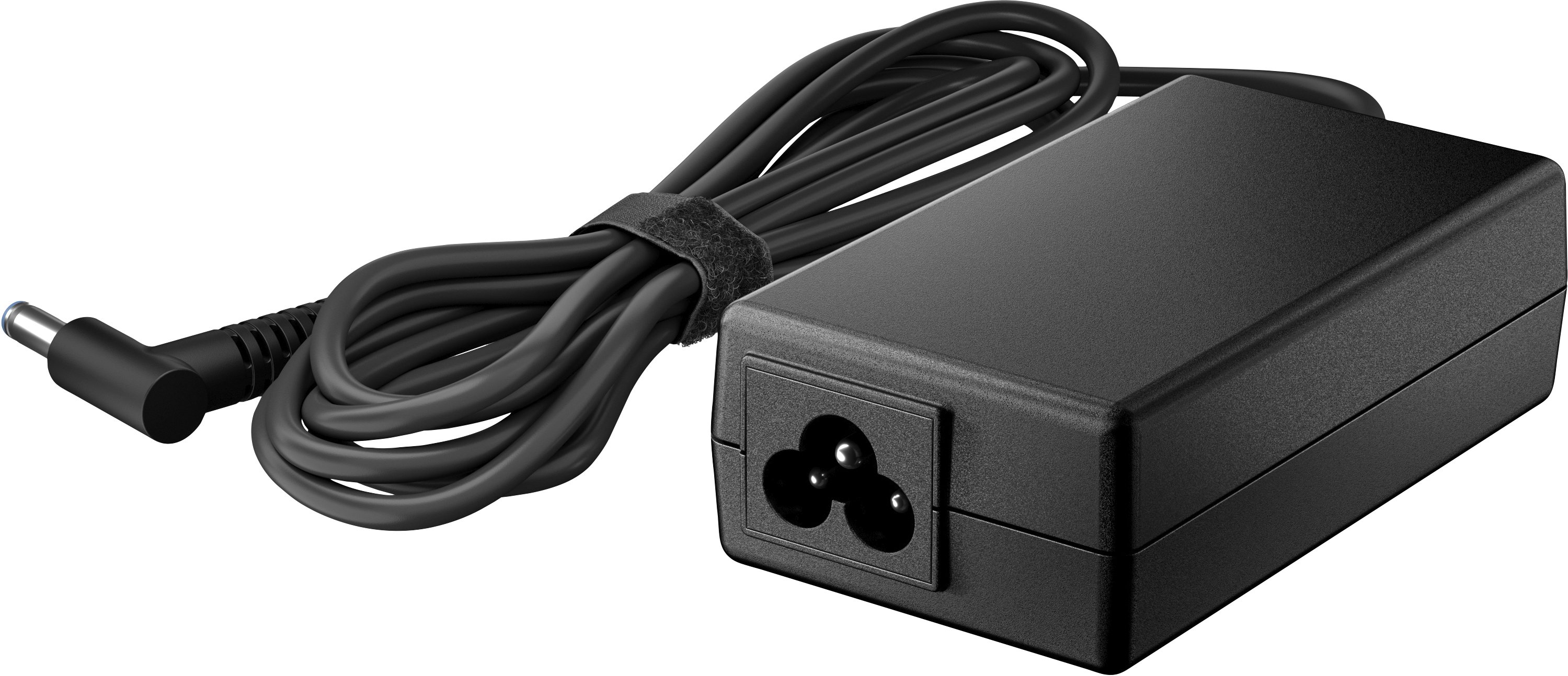 Caricabatterie nero per laptop con cavo avvolto. La spina è a sinistra.