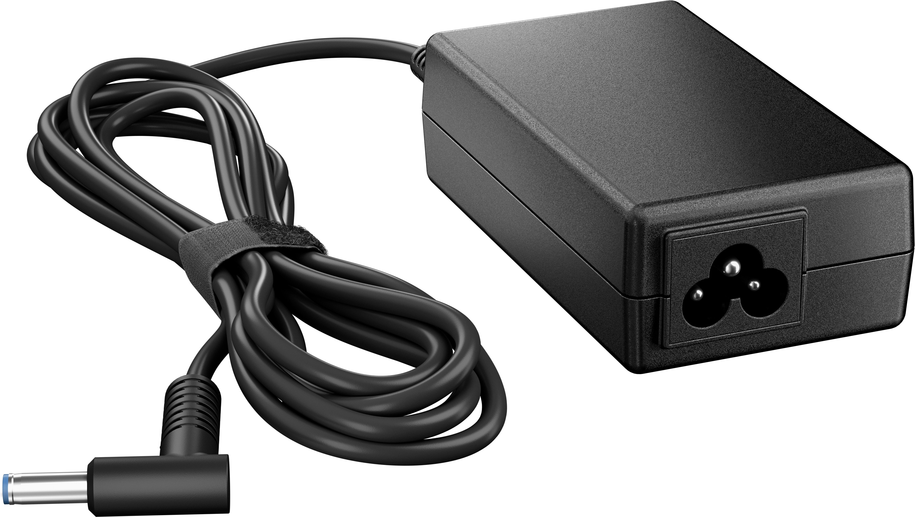 Adattatore di alimentazione per laptop nero con cavo e connettore. Cinghia in velcro nera.
