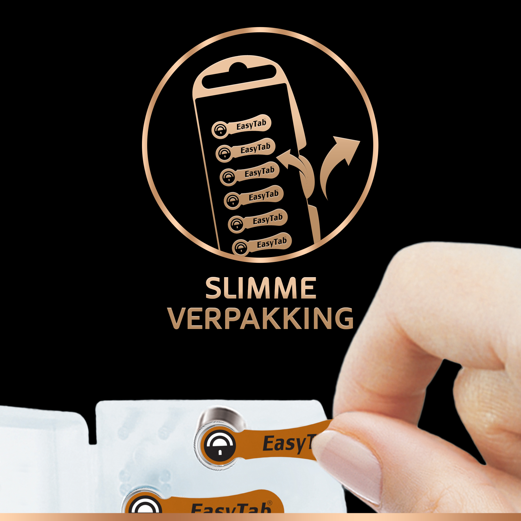 Dłoń trzymająca opakowanie z etykietami EasyTab i odrywaną zakładką.