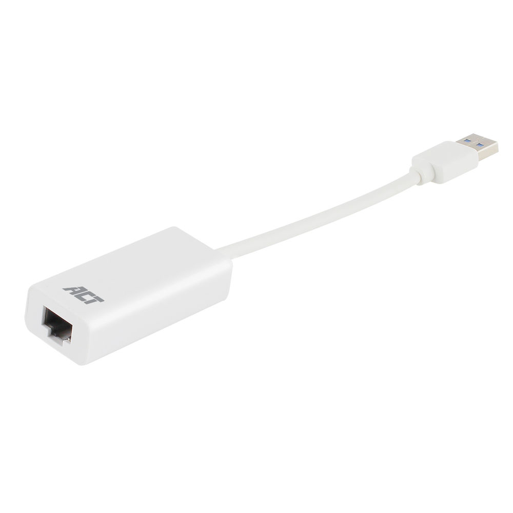 Weißer Ethernet-Adapter mit USB-Anschluss und weißem Kabel, isoliert auf weißem Hintergrund.