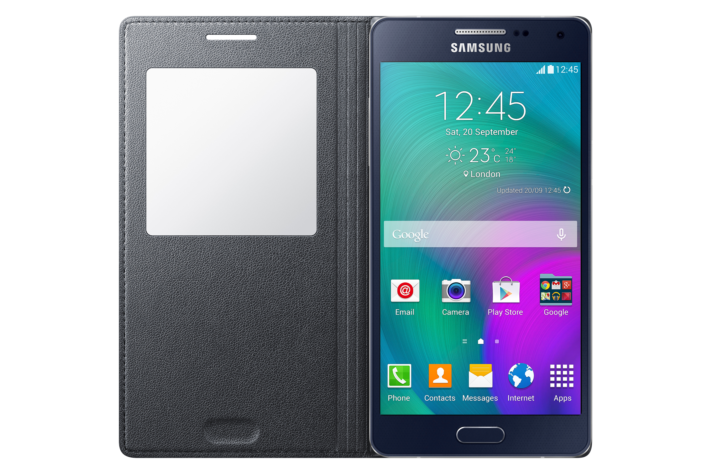 Un smartphone con funda. Pantalla muestra hora e iconos. Funda abierta, mostrando la pantalla.