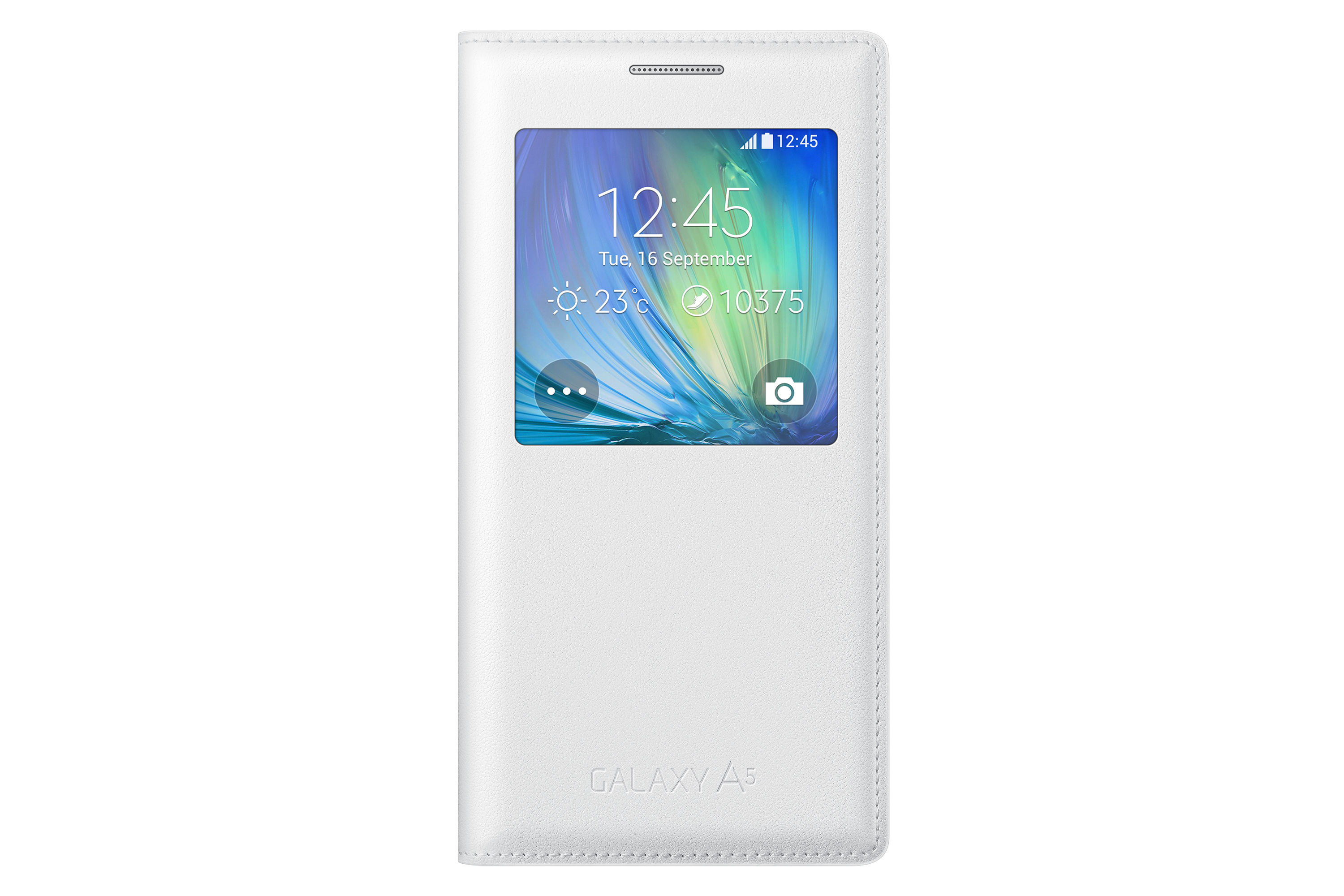 Funda blanca de teléfono con pantalla que muestra la hora, fecha y clima. El modelo es Galaxy A5.