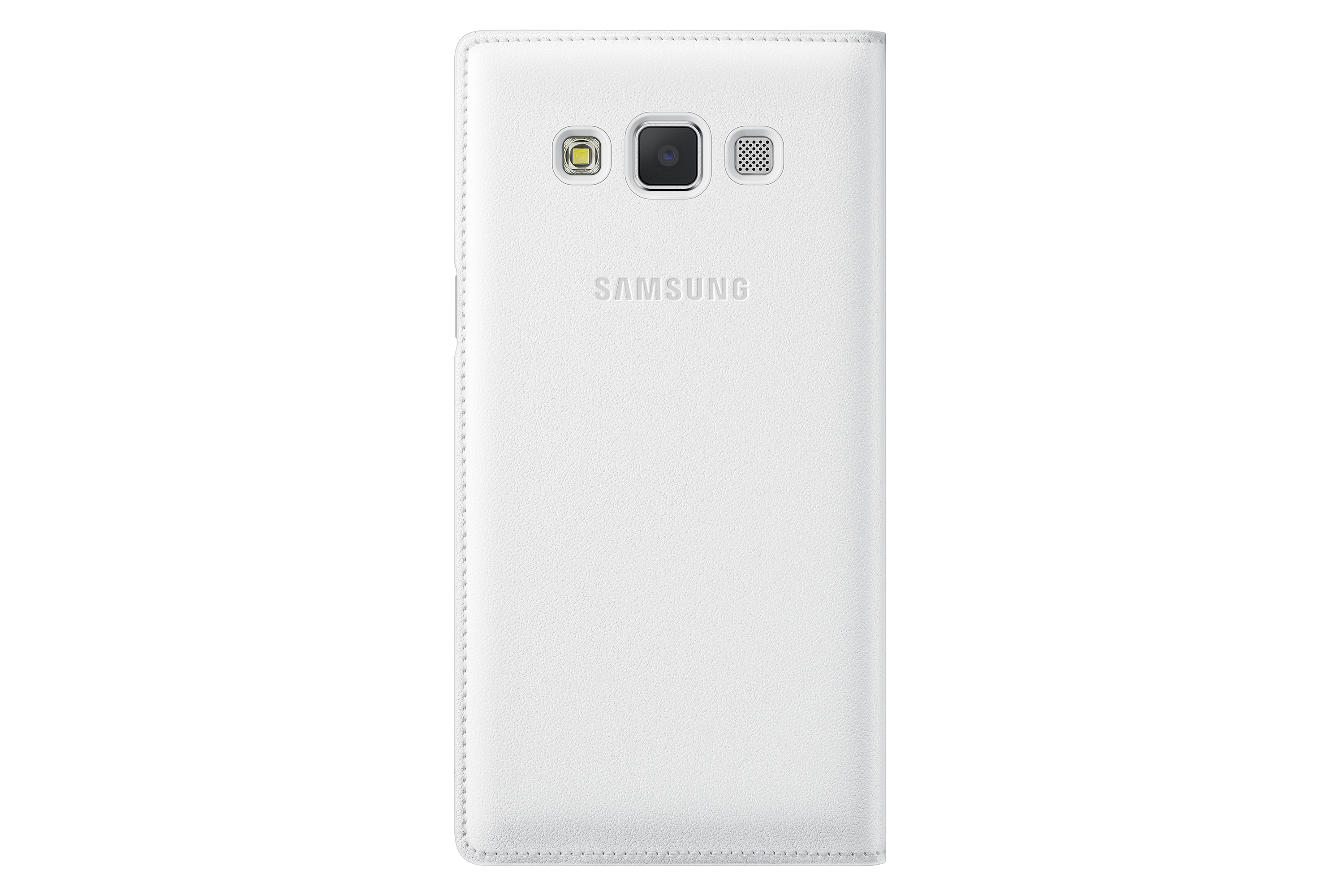 Funda blanca para teléfono con orificios para cámara y altavoz y la palabra SAMSUNG.