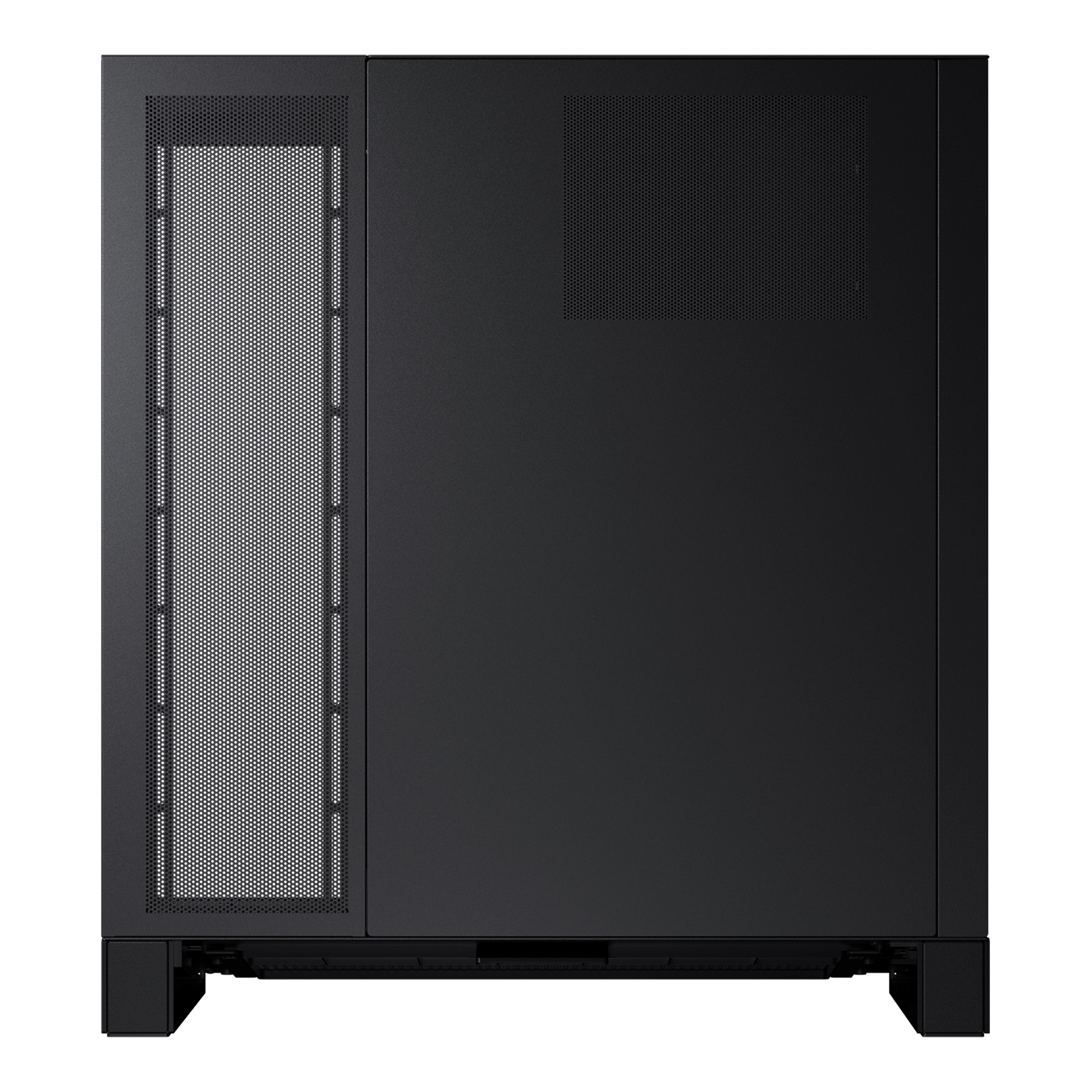 Boîtier d'ordinateur noir, vue de face. Panneau latéral en mesh et design élégant. Le boîtier est moderne et simple.