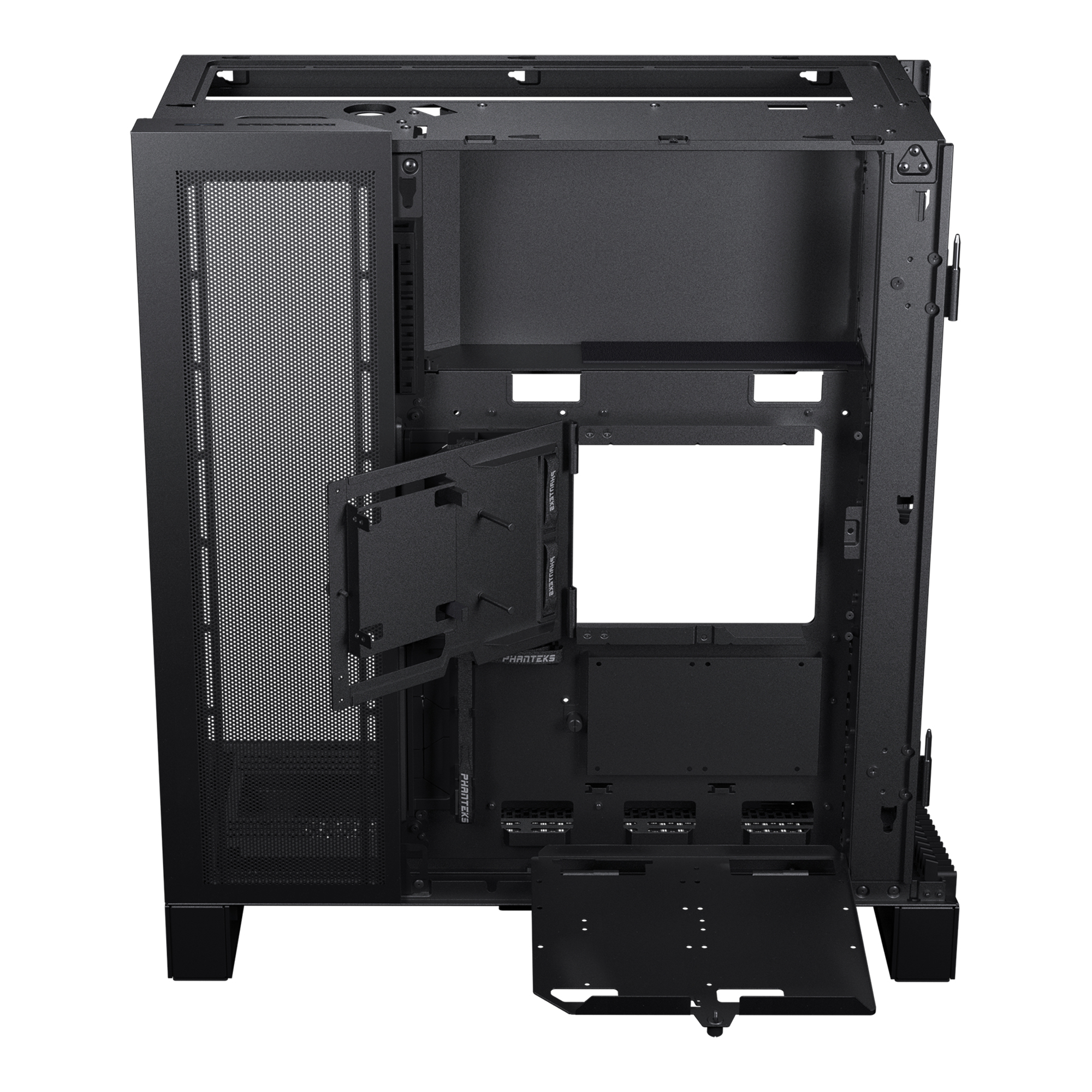 Intérieur de boîtier PC noir. Montre l'intérieur avec divers points de montage.