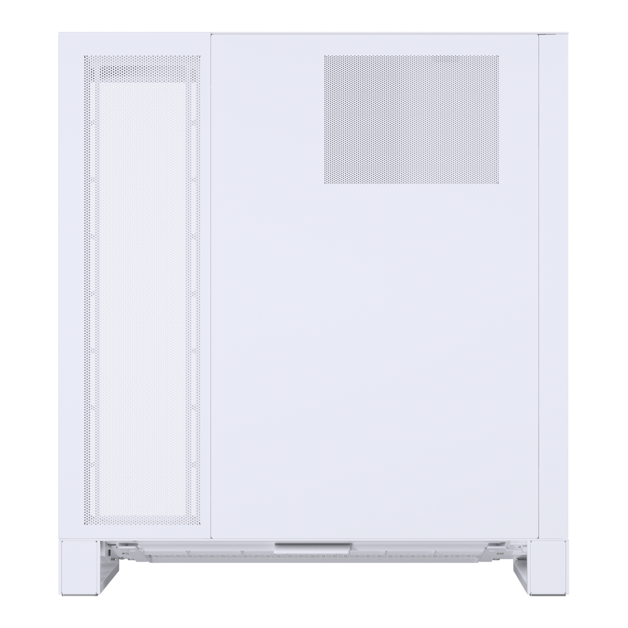 Case PC bianco, vista posteriore. Presenta un pannello laterale in rete e un pannello laterale solido. Piedini visibili.
