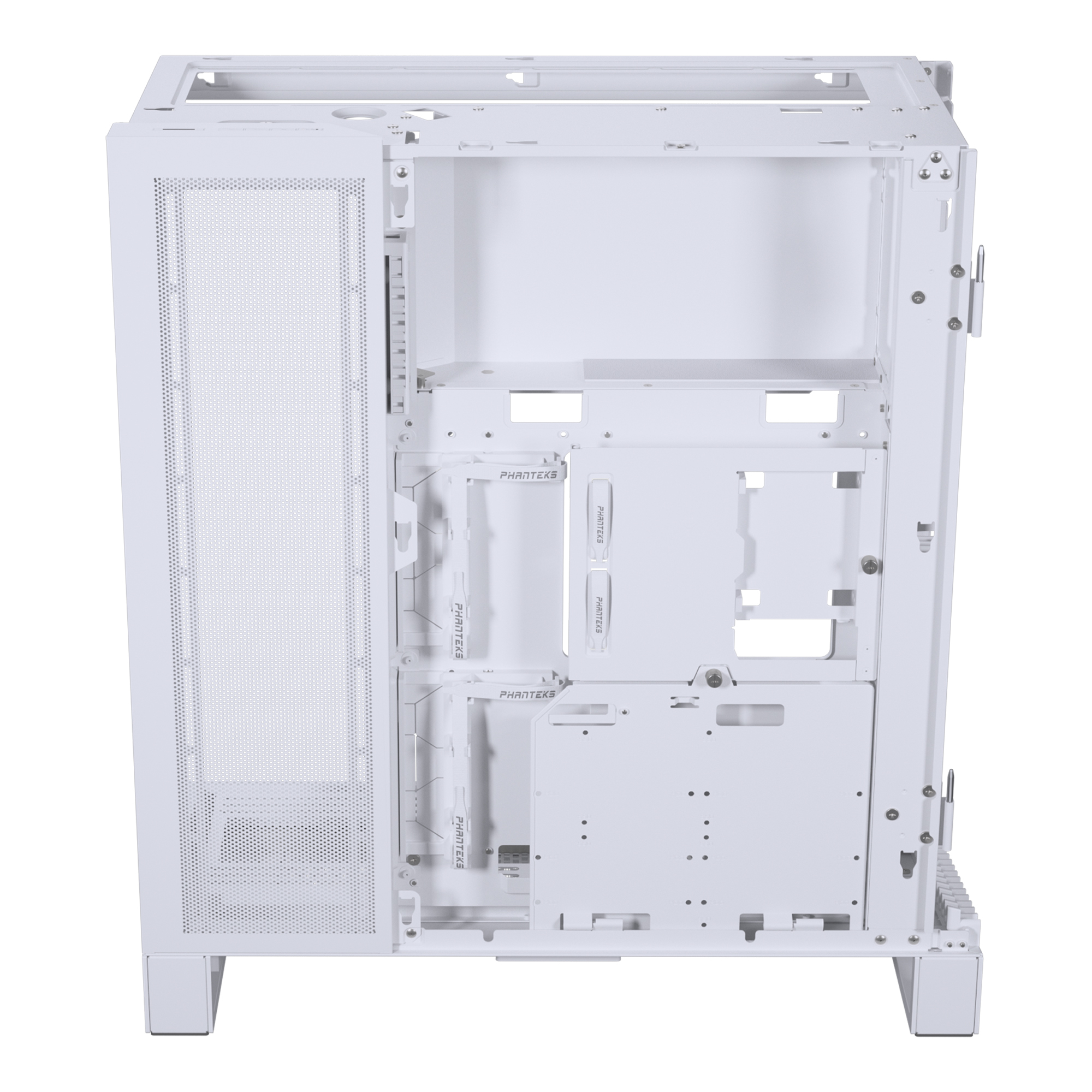 Telaio per case per computer bianco, design aperto, che mostra la struttura interna. Include punti di montaggio e un pannello a rete.