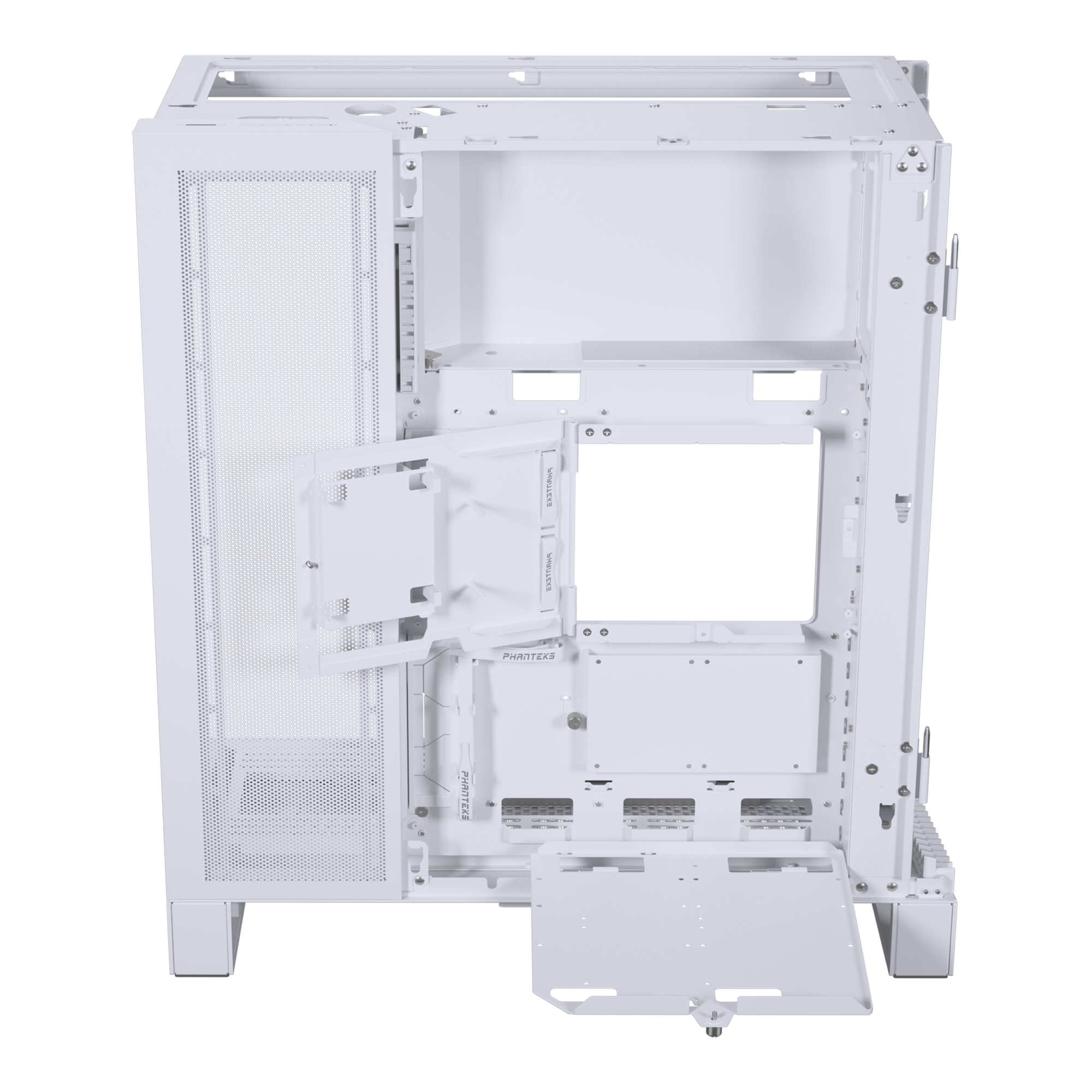 Interno di un case per PC bianco. Mostra pannelli laterali aperti e opzioni di montaggio.