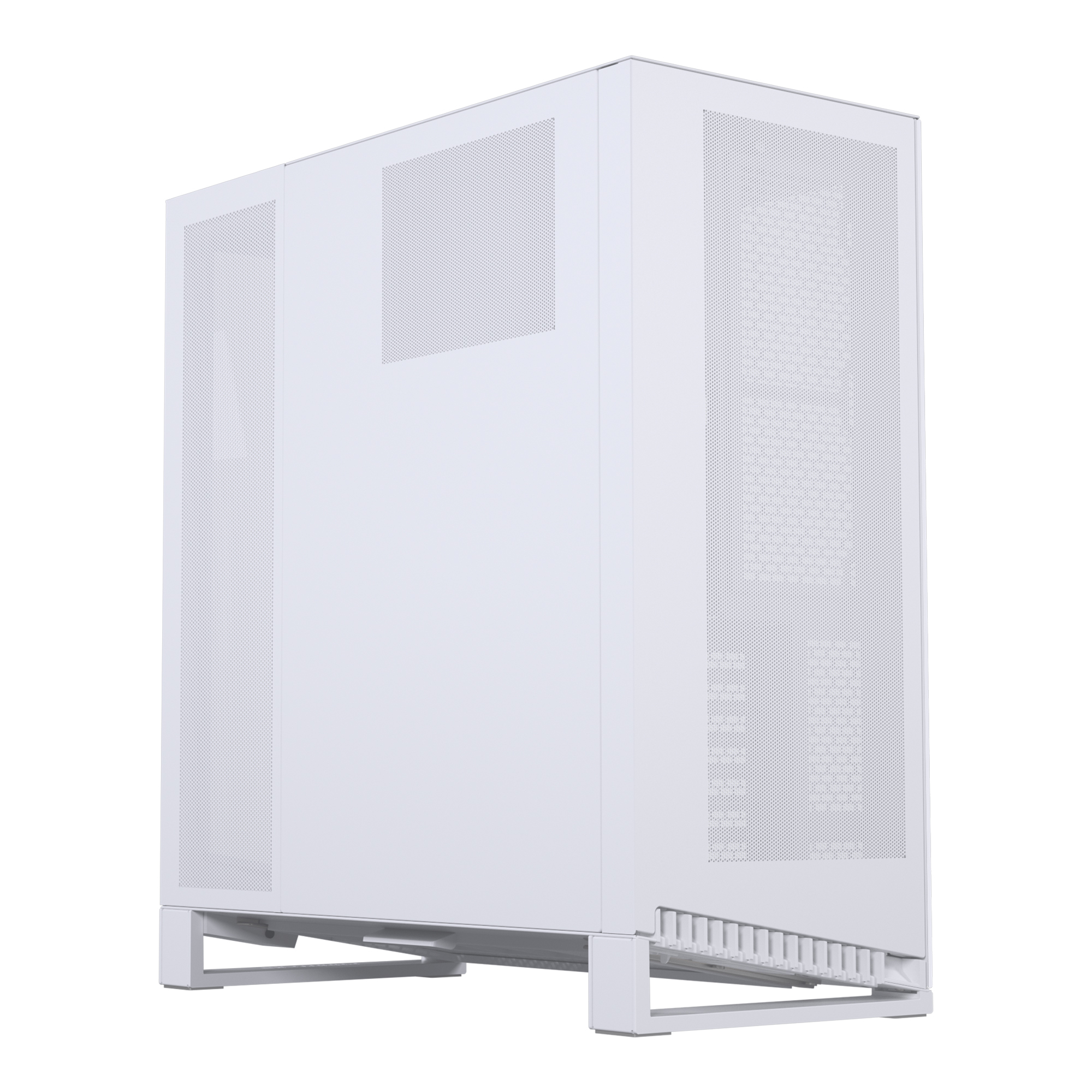 Case per computer bianco con pannello laterale a rete e supporto bianco.