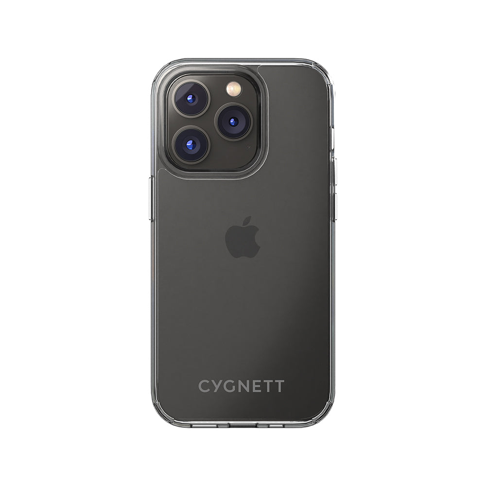 Custodia trasparente su un iPhone scuro, che mostra la fotocamera e il logo Apple.