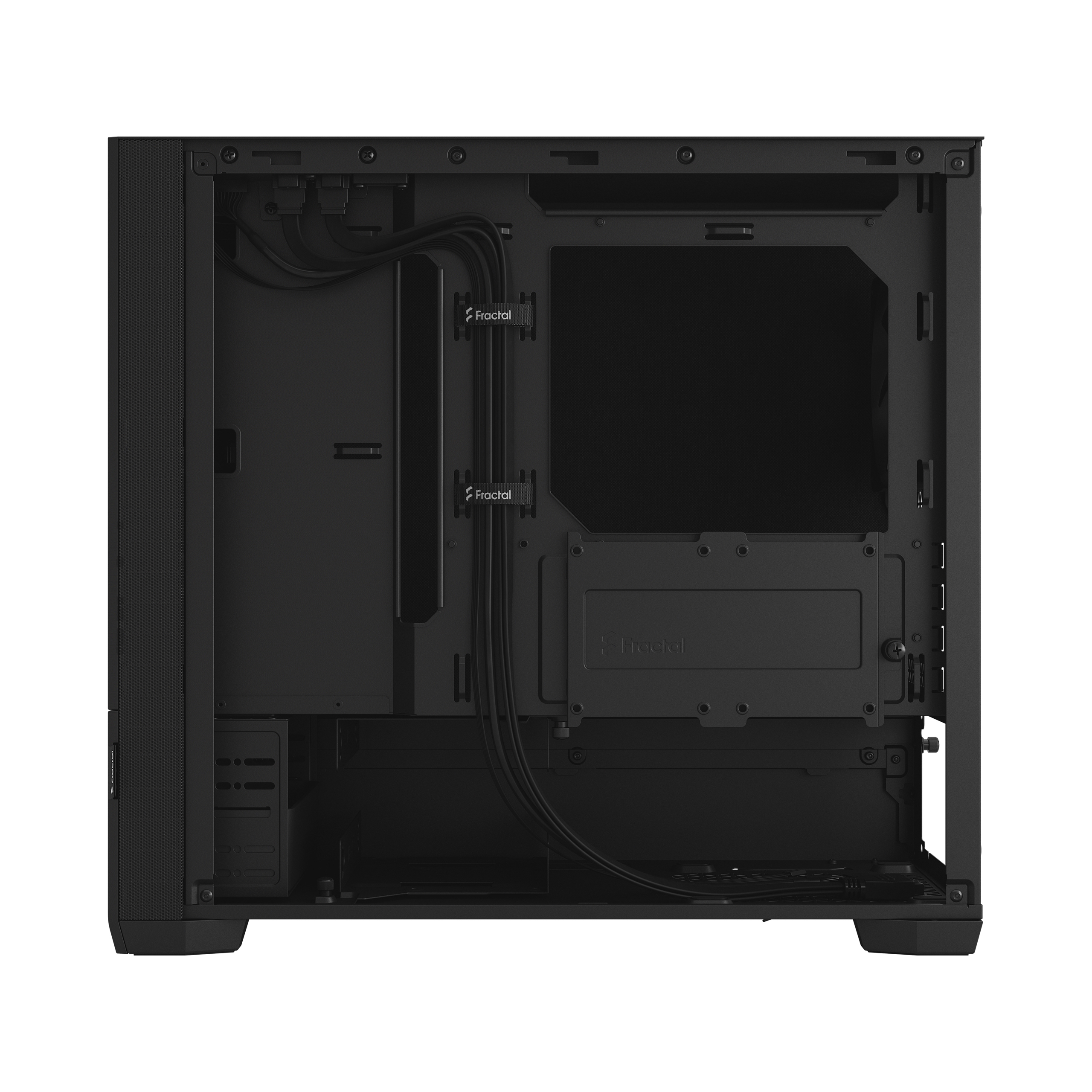 Black computer case interior with Fractal branding and organized cables.