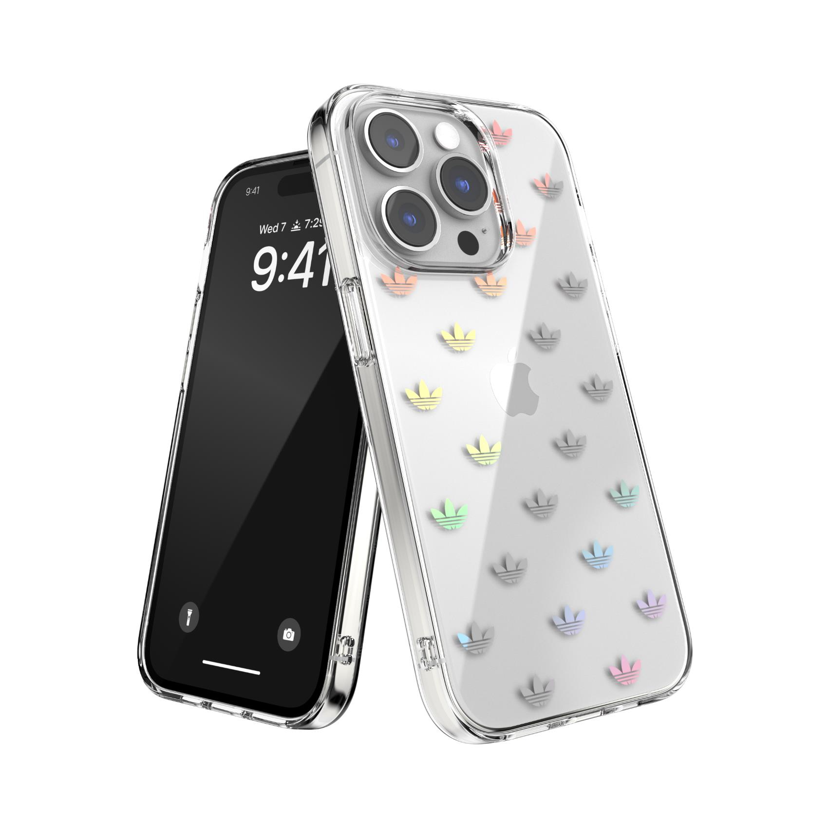 Due telefoni, uno con custodia Adidas. Custodia trasparente con loghi Adidas colorati e iPhone.