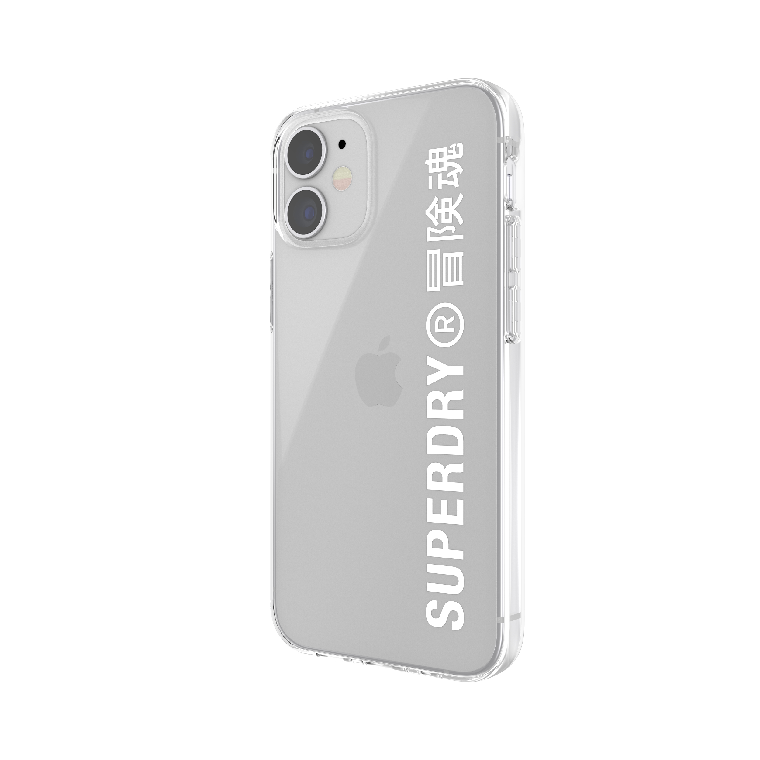 iPhone in una custodia trasparente Superdry, con logo visibile, su sfondo bianco.