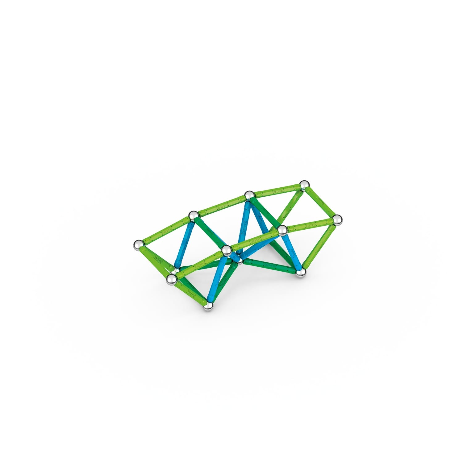 Grüne und blaue Stäbe bilden eine 3D-Geometrie auf weißem Hintergrund.