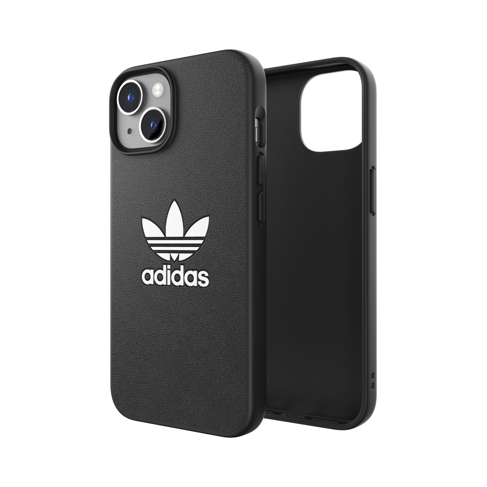 Custodia nera per telefono con logo Adidas sul retro, che mostra la fotocamera del telefono. La custodia è su una superficie bianca.