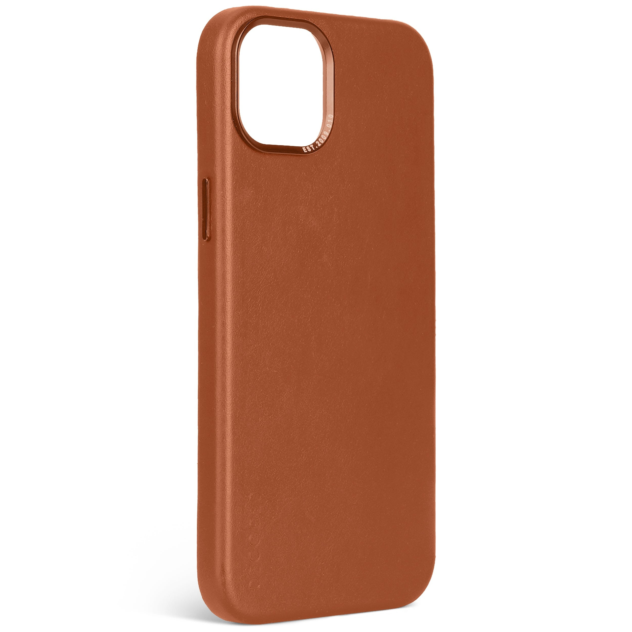 Custodia arancione per telefono, lucida, con apertura per fotocamera.