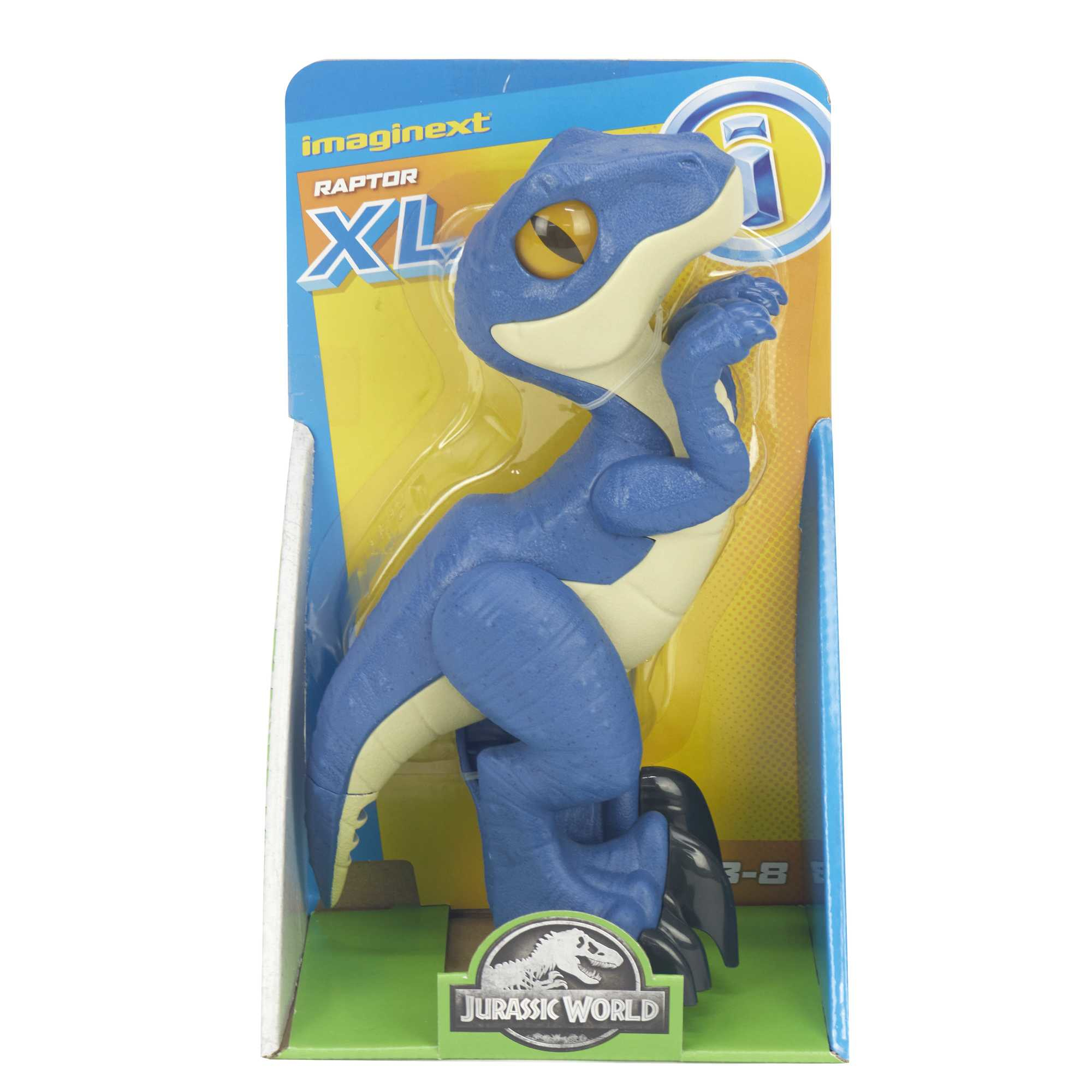 Blau-weißes XL Imaginext Raptor-Spielzeug in Verpackung. Jurassic World-Logo auf der Vorderseite.