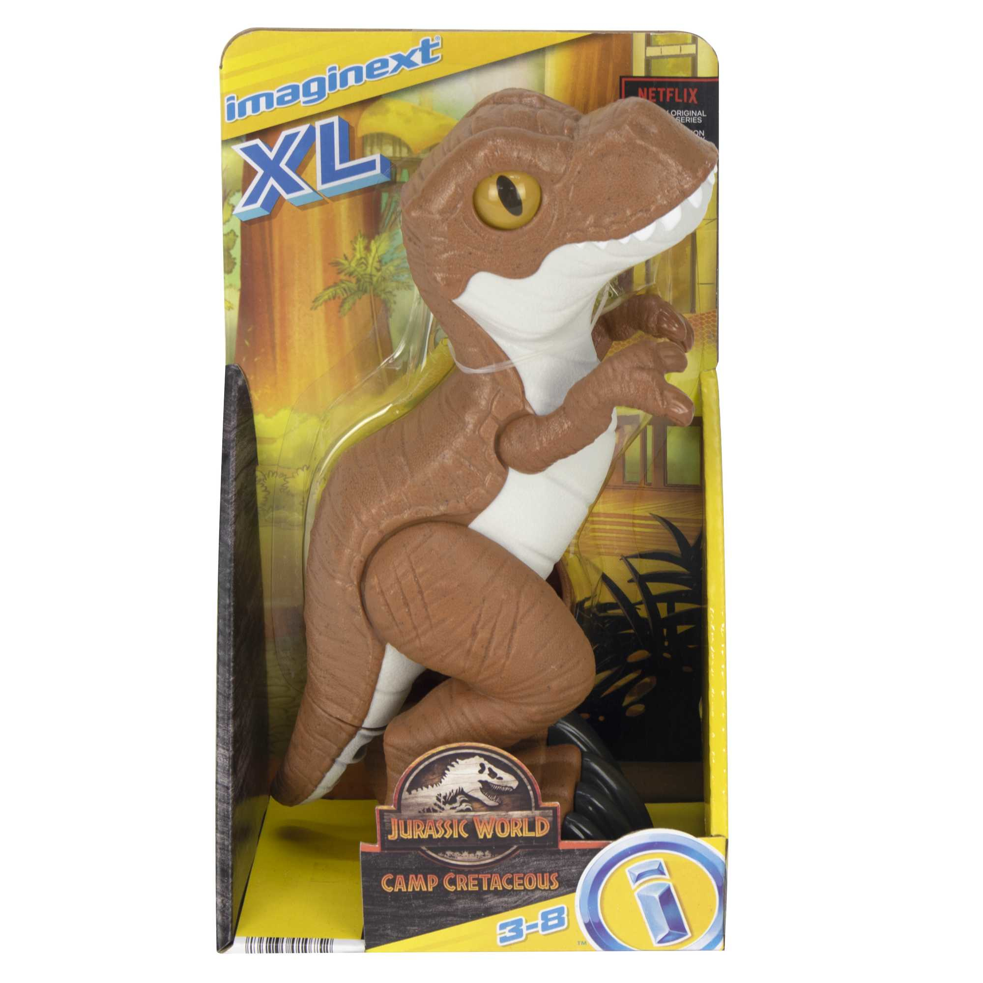 Ein braunes und weißes Dinosaurier-Spielzeug in einer Schachtel mit der Aufschrift 'Jurassic World'.