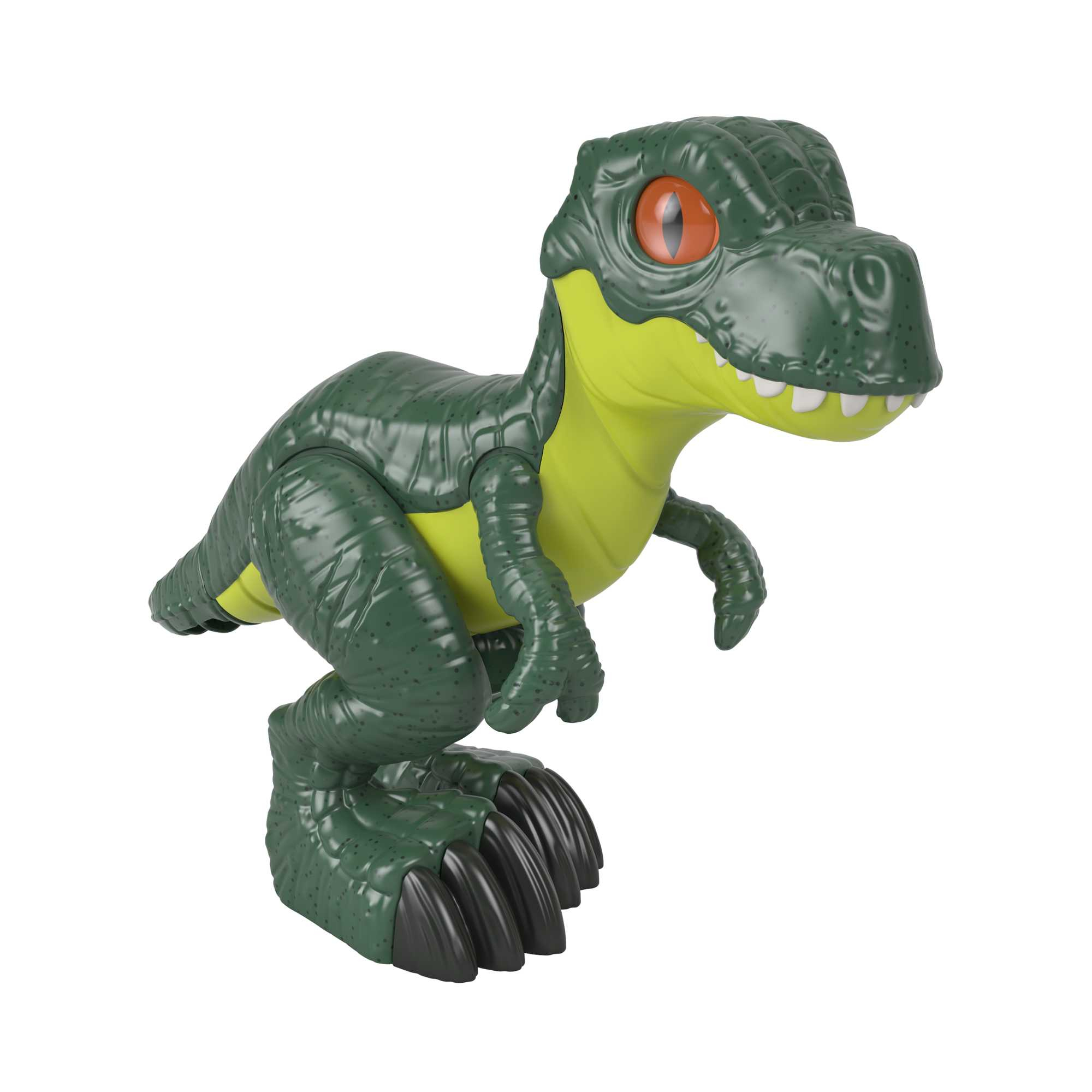 Spielzeug-Dinosaurier, grün mit orangefarbenen Augen und gelbem Bauch.