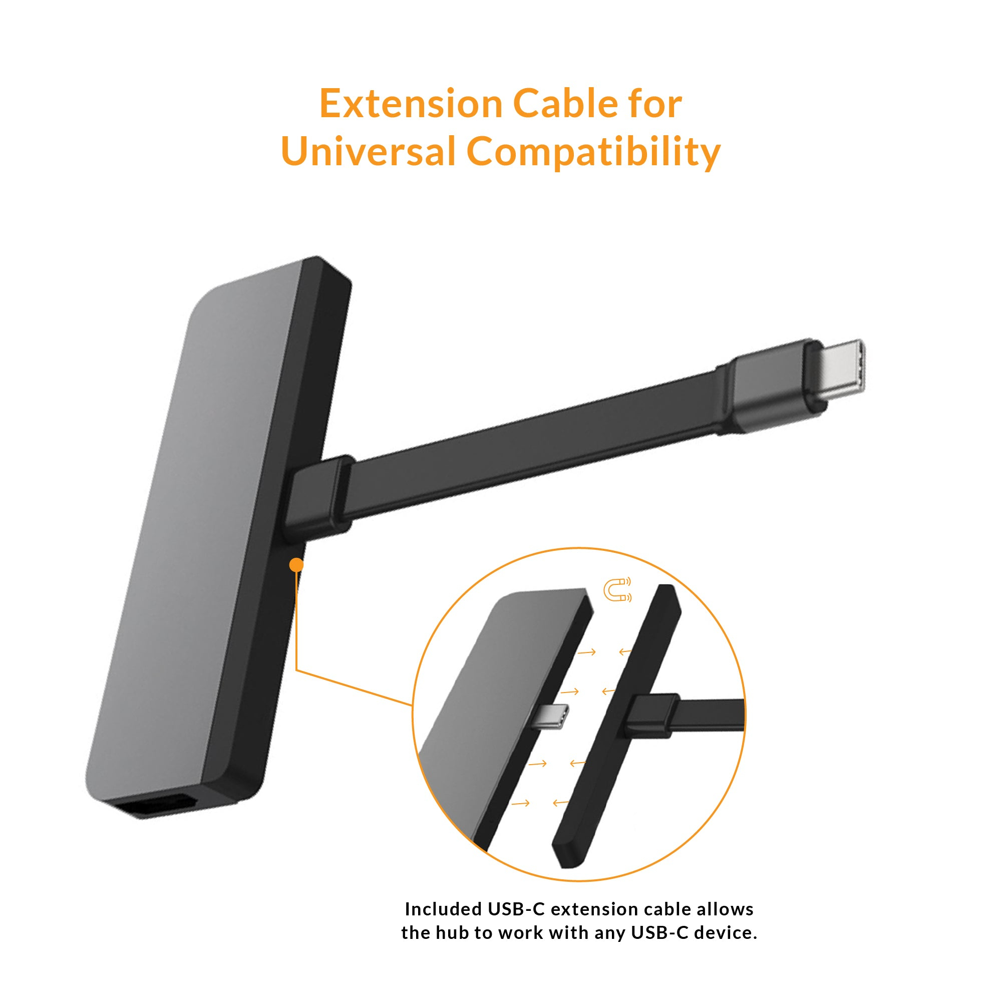 Concentrador USB-C gris con cable negro. Compatibilidad universal. Flechas que apuntan.