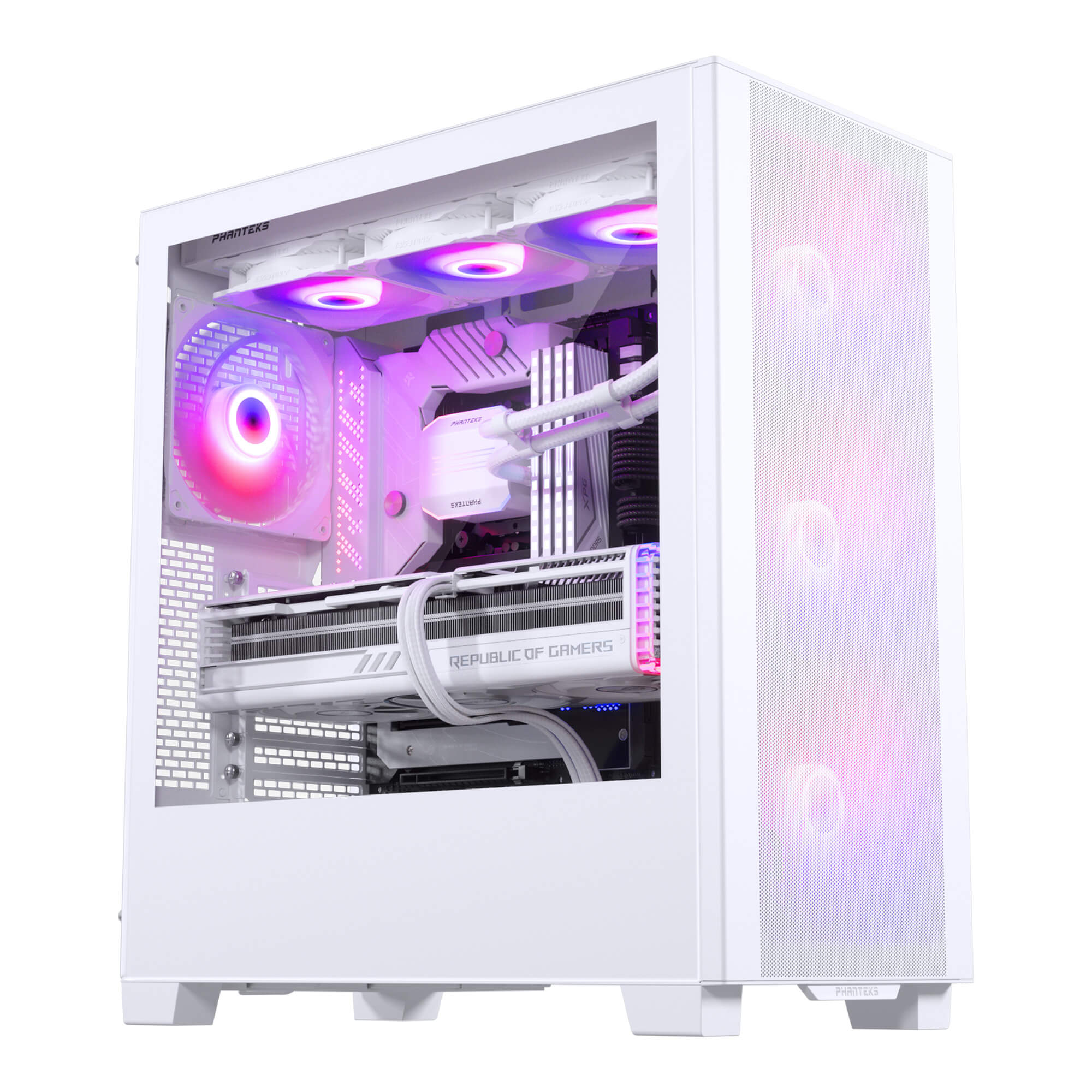 Weißes Computergehäuse mit Innenteilen. RGB-Beleuchtung, Wasserkühlung und Republic of Gamers Logo.