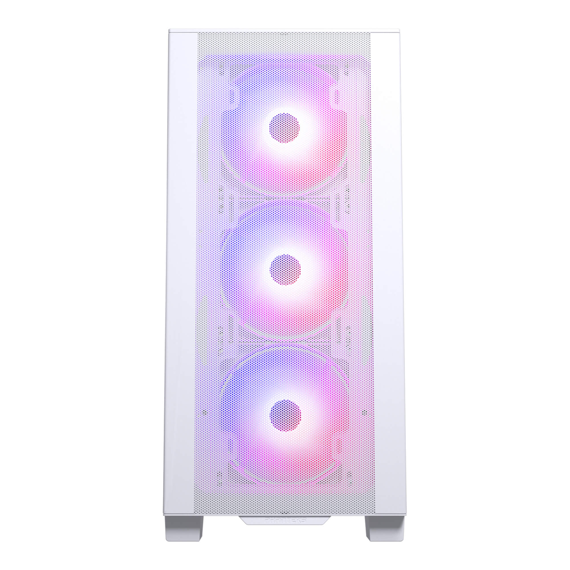 Weiße Computer-Frontplatte. Sie hat 3 kreisförmige RGB-Lüfter hinter einem Mesh-Design.