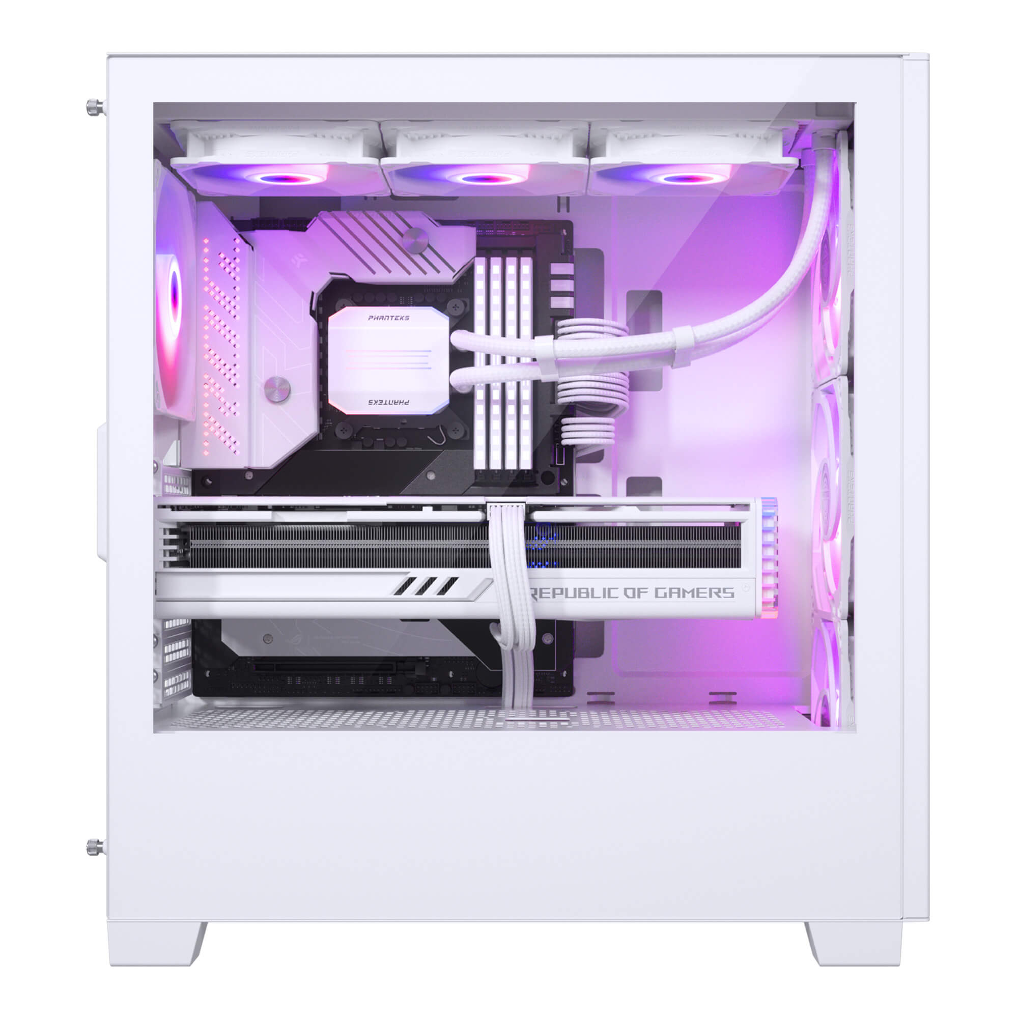 Weißes Computergehäuse mit Innenkomponenten wie Mainboard und Lüftern, rosa beleuchtet.